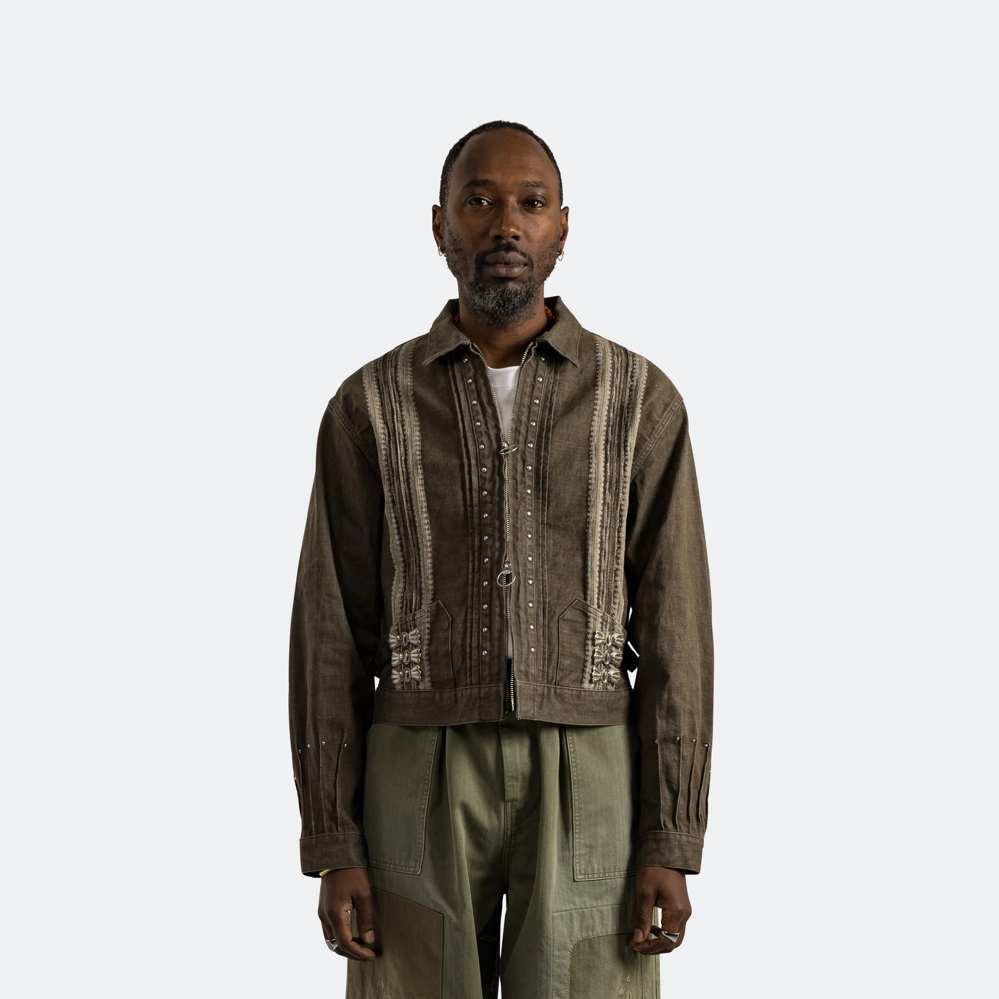 12oz YAGASURI Jacquard Denim Chimayo Drizzler JKT - Khaki - Image 2