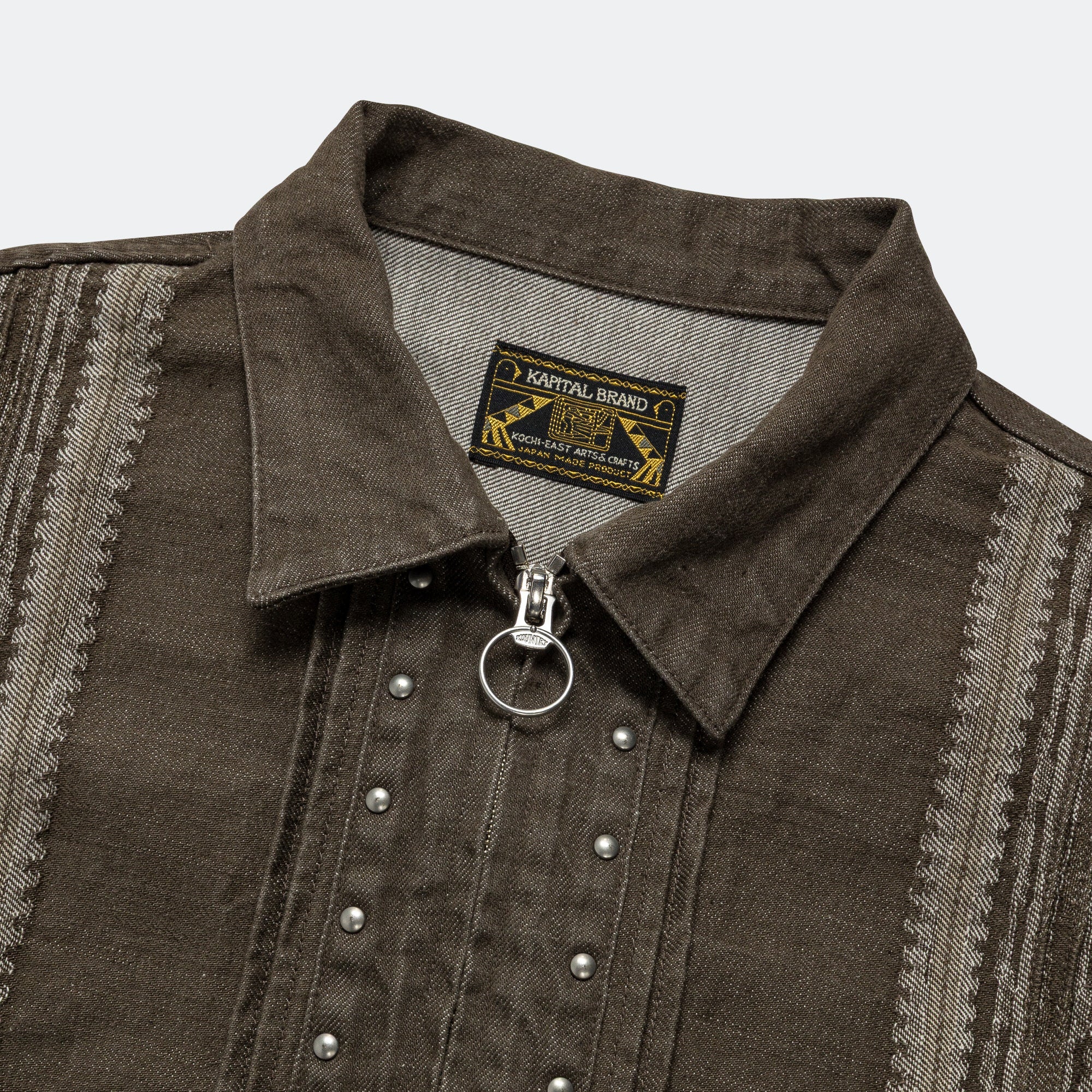 12oz YAGASURI Jacquard Denim Chimayo Drizzler JKT - Khaki - Image 3