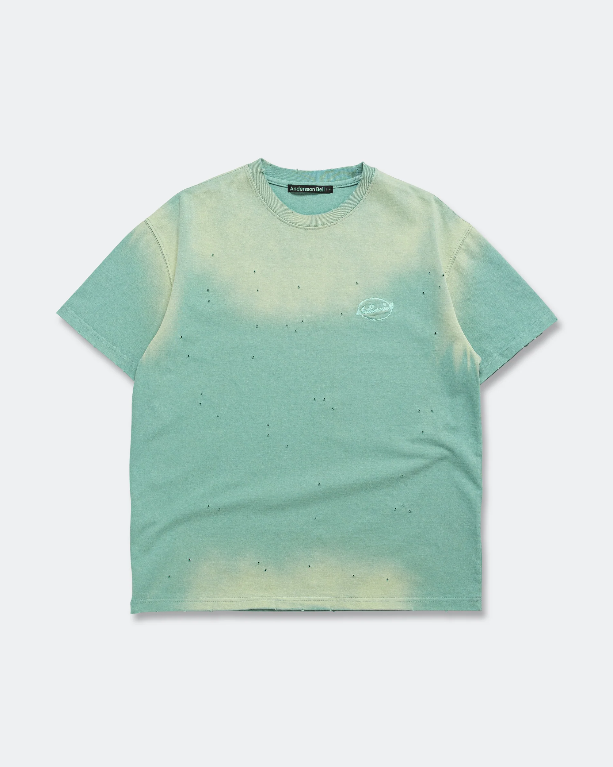Gradient Damage Washed T-Shirt - Green/Sky Blue
