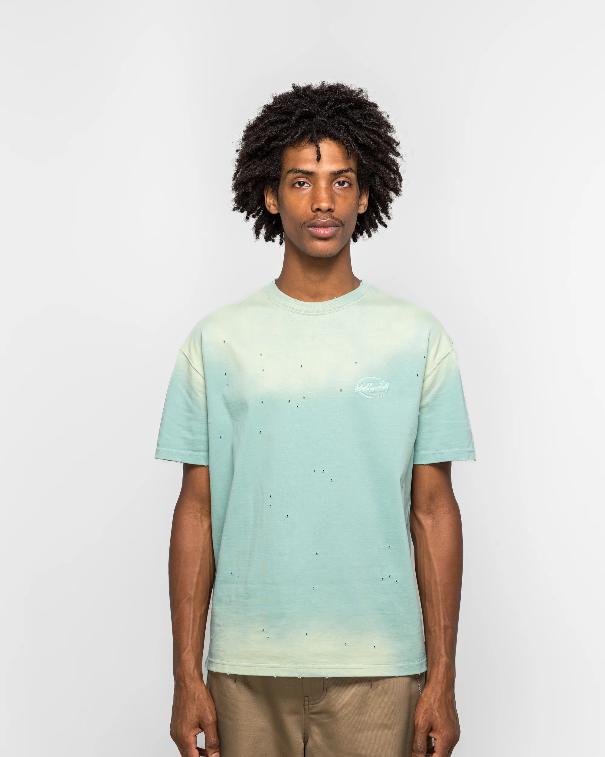 Gradient Damage Washed T-Shirt - Green/Sky Blue - Image 2