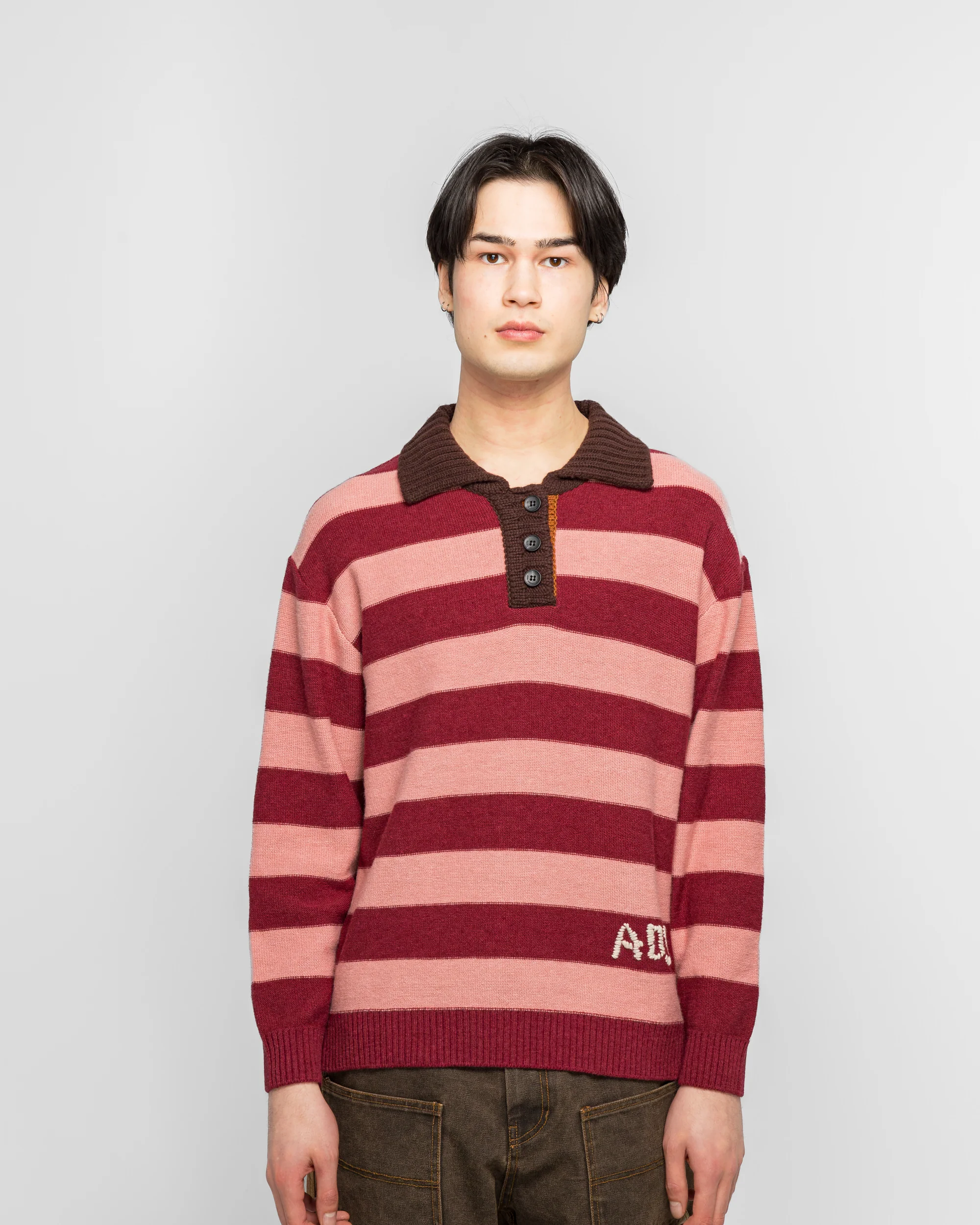 Loose-Fit Stripe Collar Sweater - Pink/Red White - Image 2