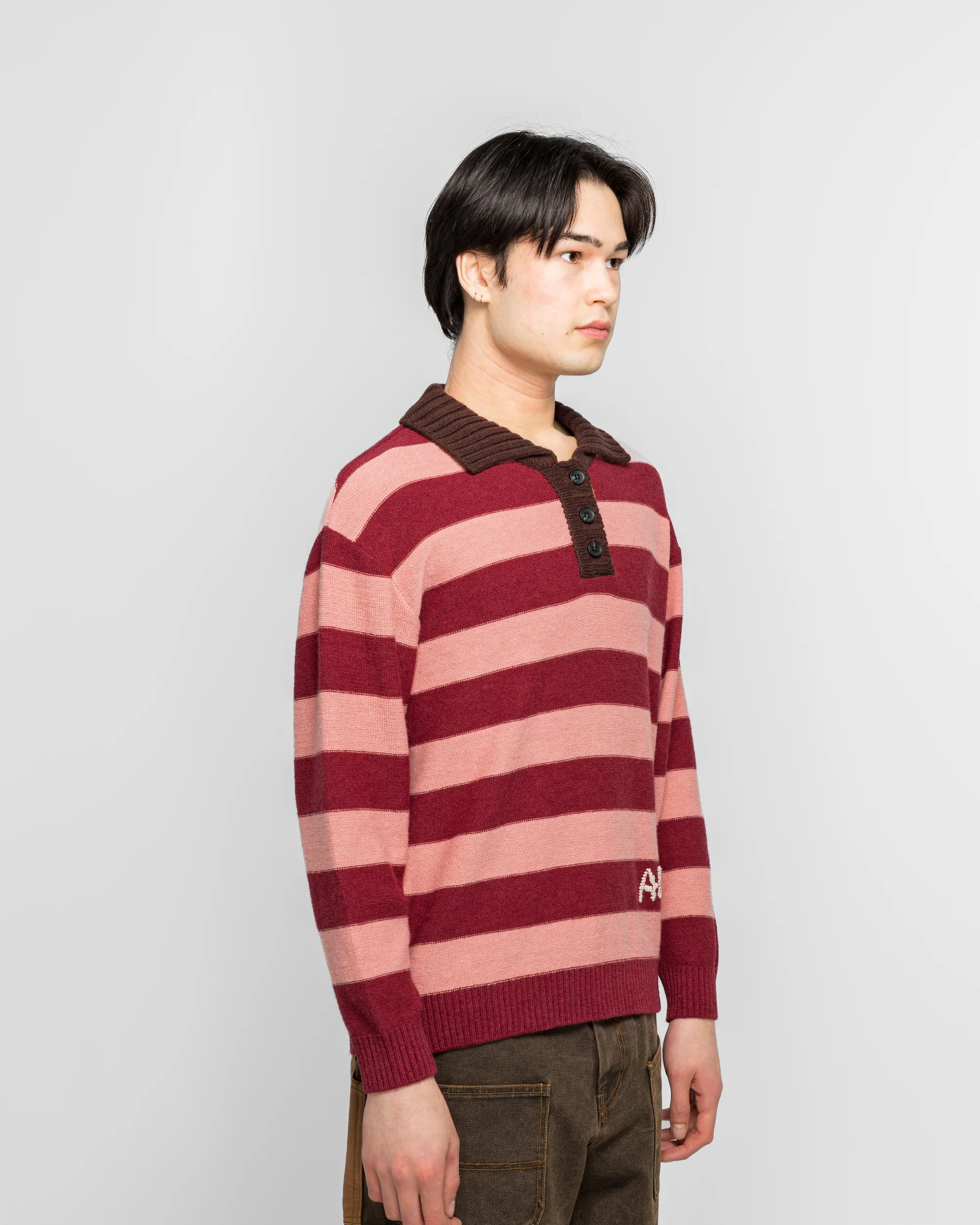 Loose-Fit Stripe Collar Sweater - Pink/Red White - Image 3
