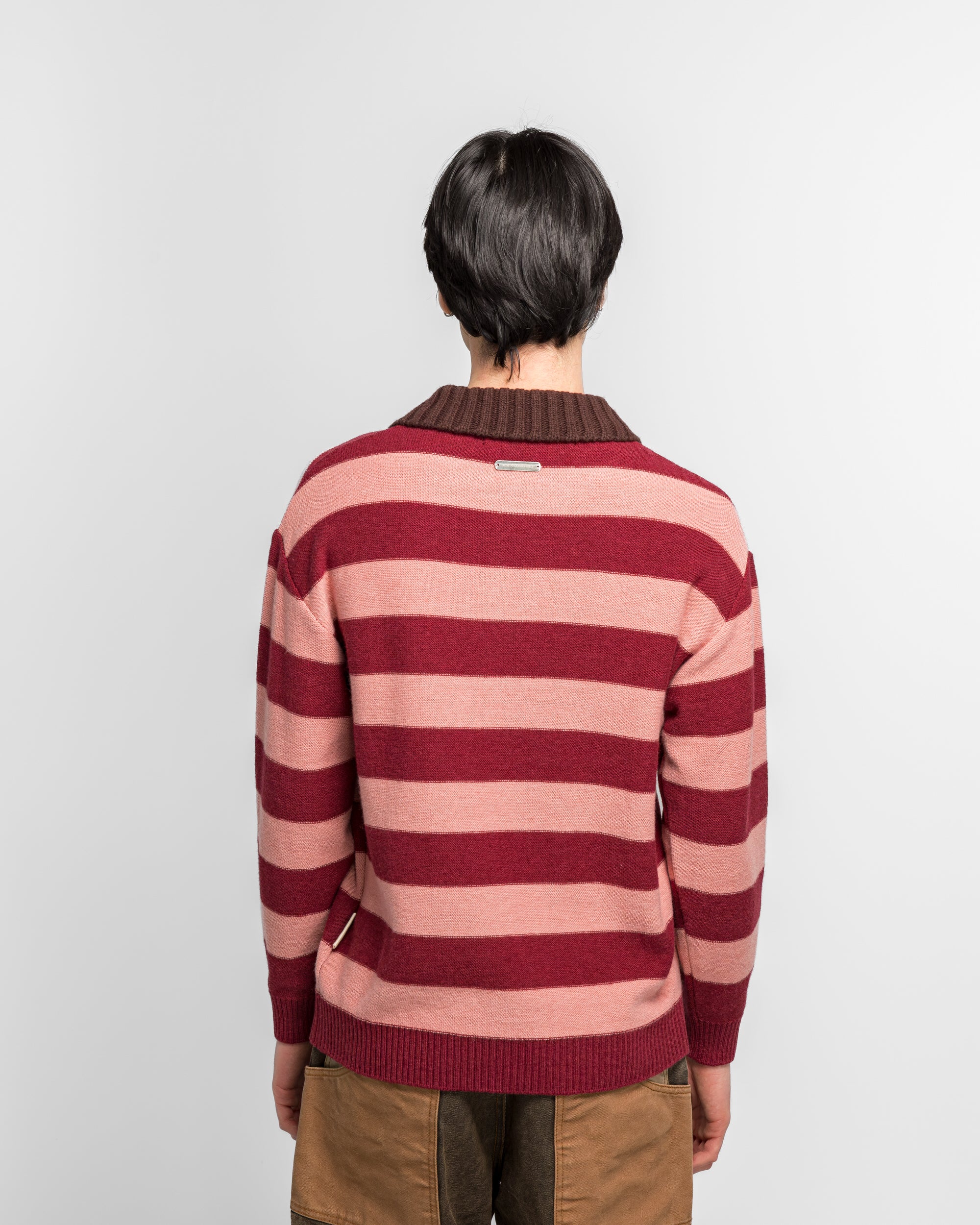 Loose-Fit Stripe Collar Sweater - Pink/Red White - Image 4