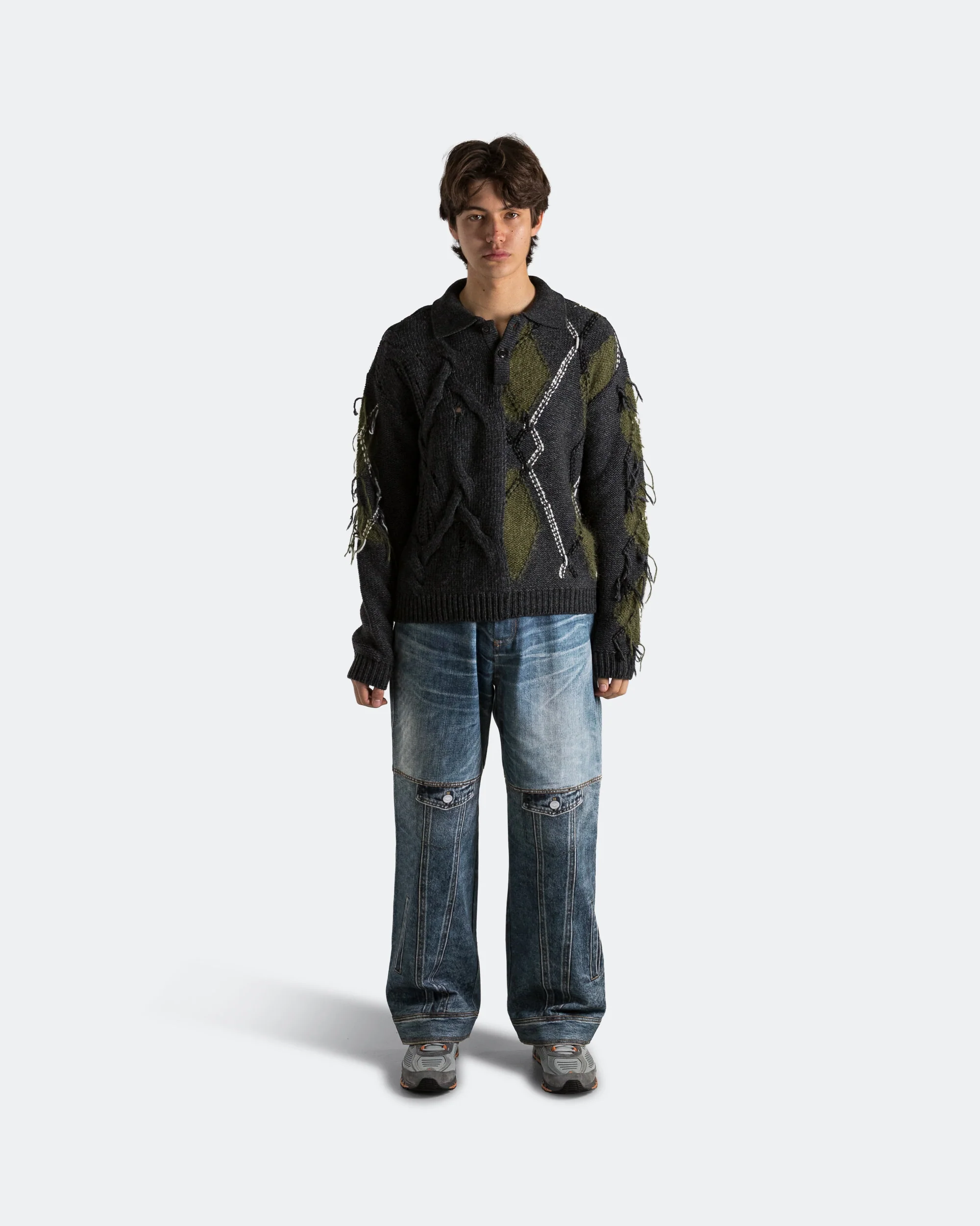 Argyle Fisherman Polo Sweater - Charcoal - Image 6