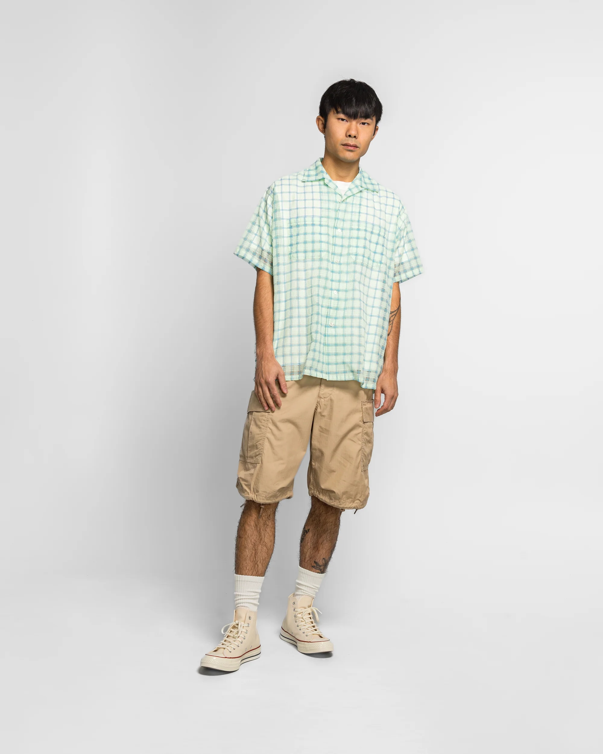 Open Collar Nylon Airy Plaid - Mint Green - Image 6