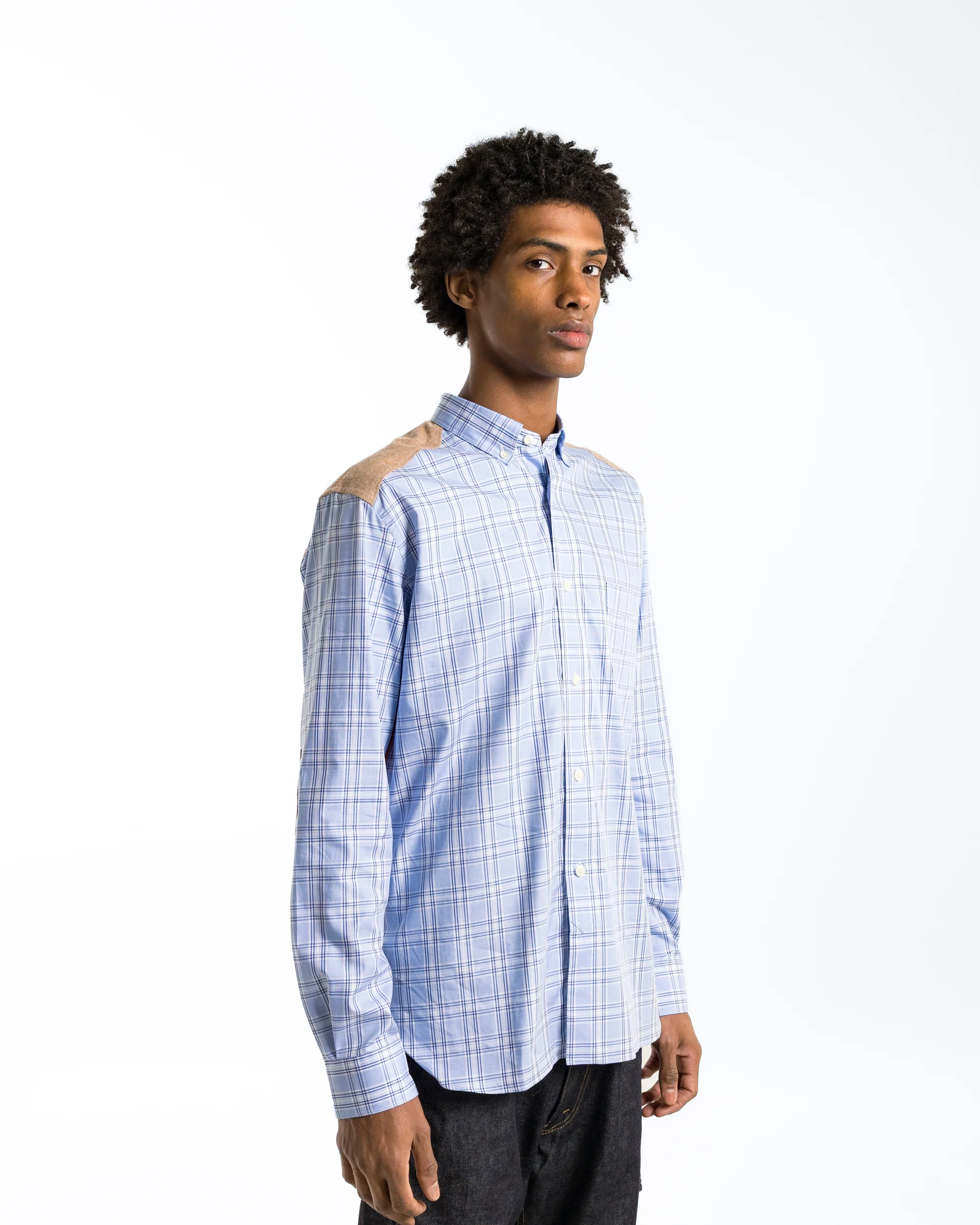 Cotton Check Nylon Quilting Shirt - Sax/Orange - Image 3