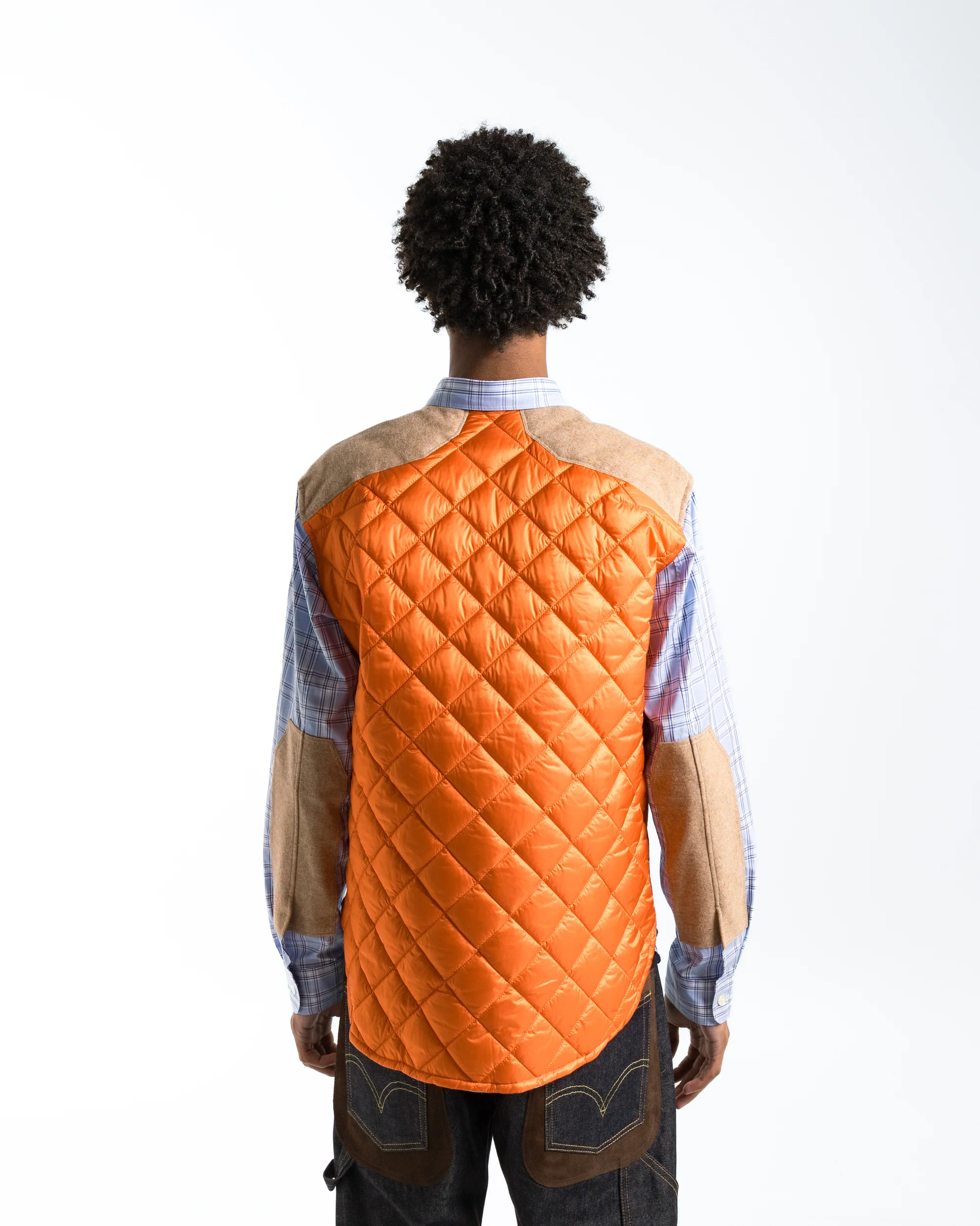 Cotton Check Nylon Quilting Shirt - Sax/Orange - Image 4