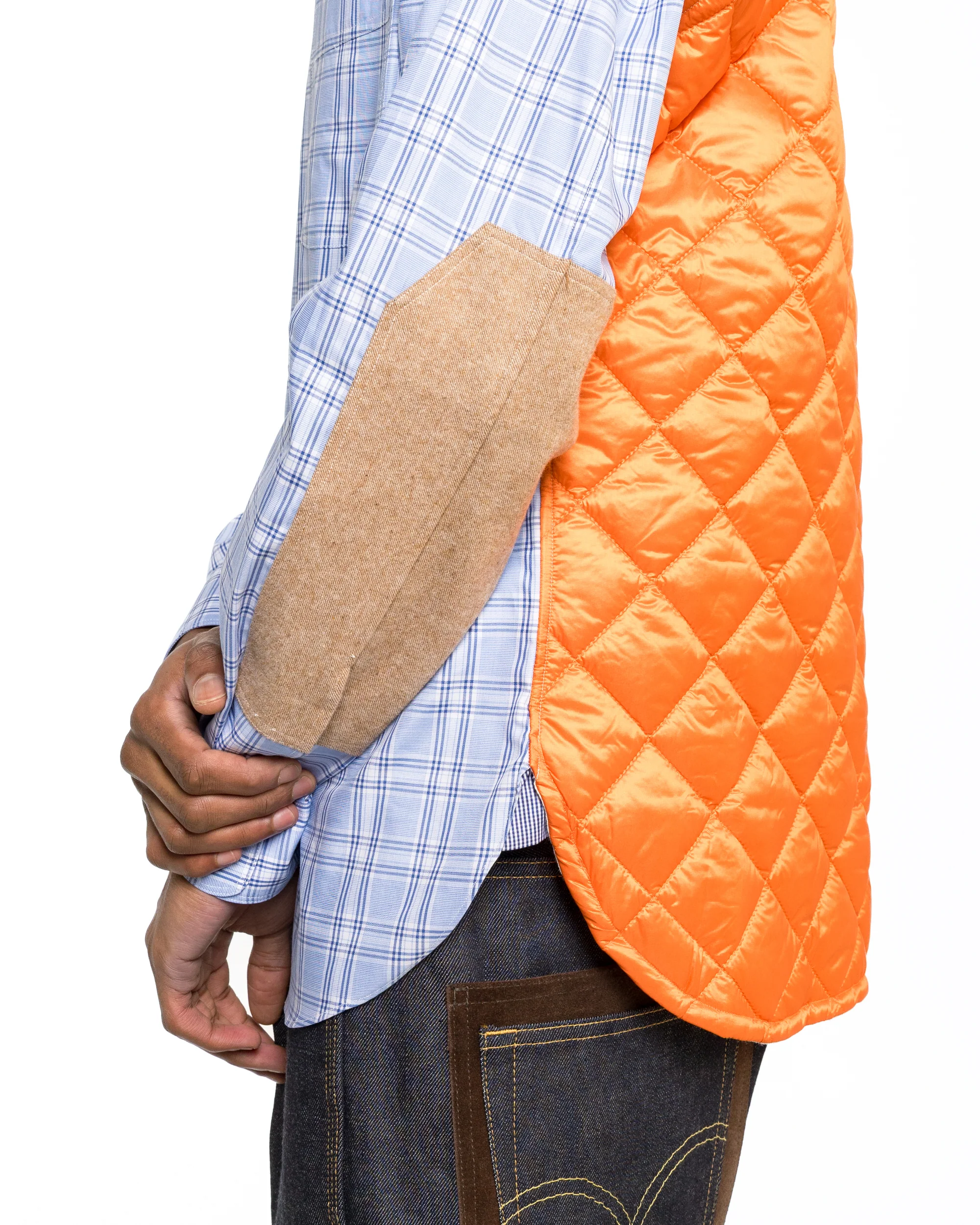 Cotton Check Nylon Quilting Shirt - Sax/Orange - Image 5