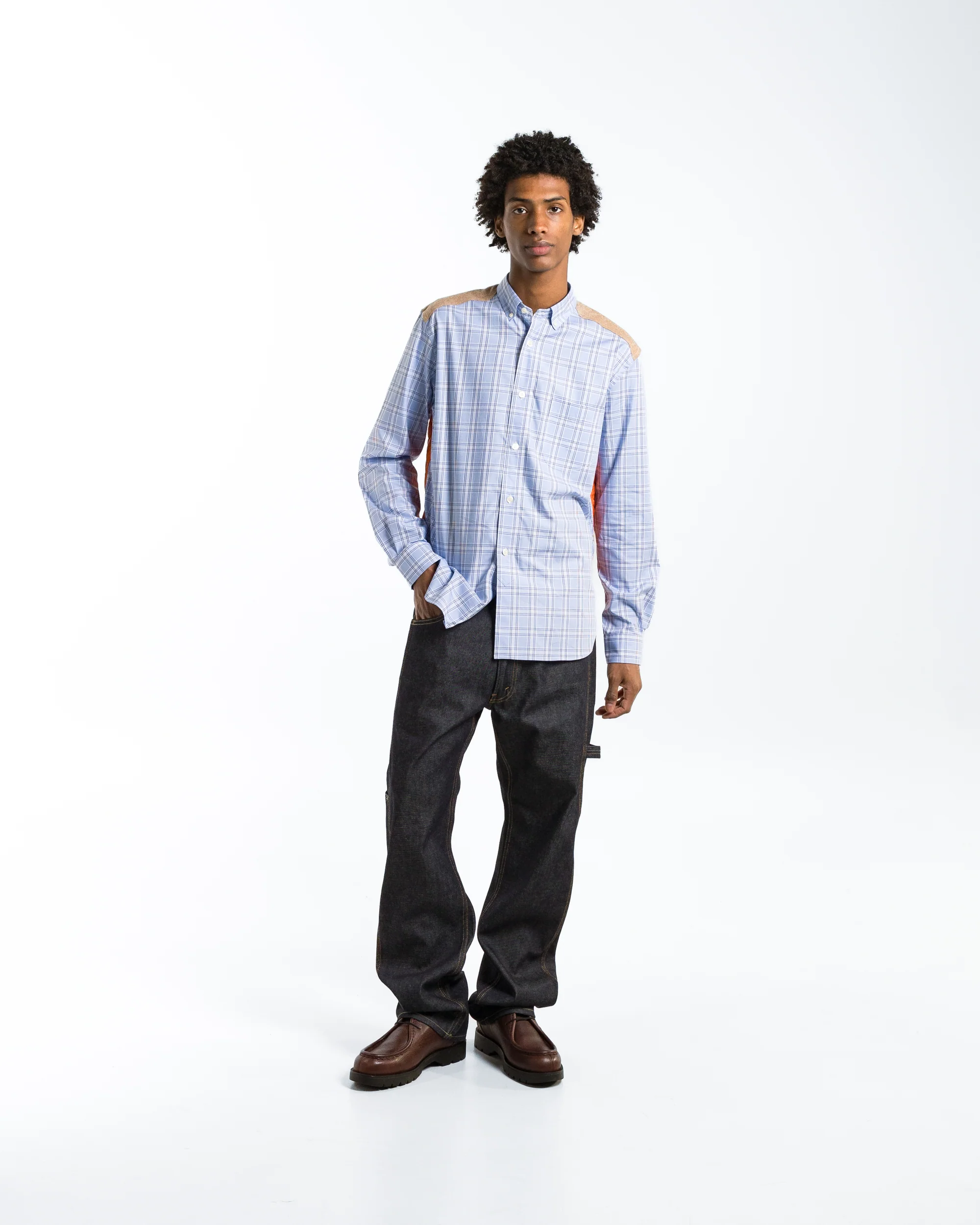 Cotton Check Nylon Quilting Shirt - Sax/Orange - Image 6