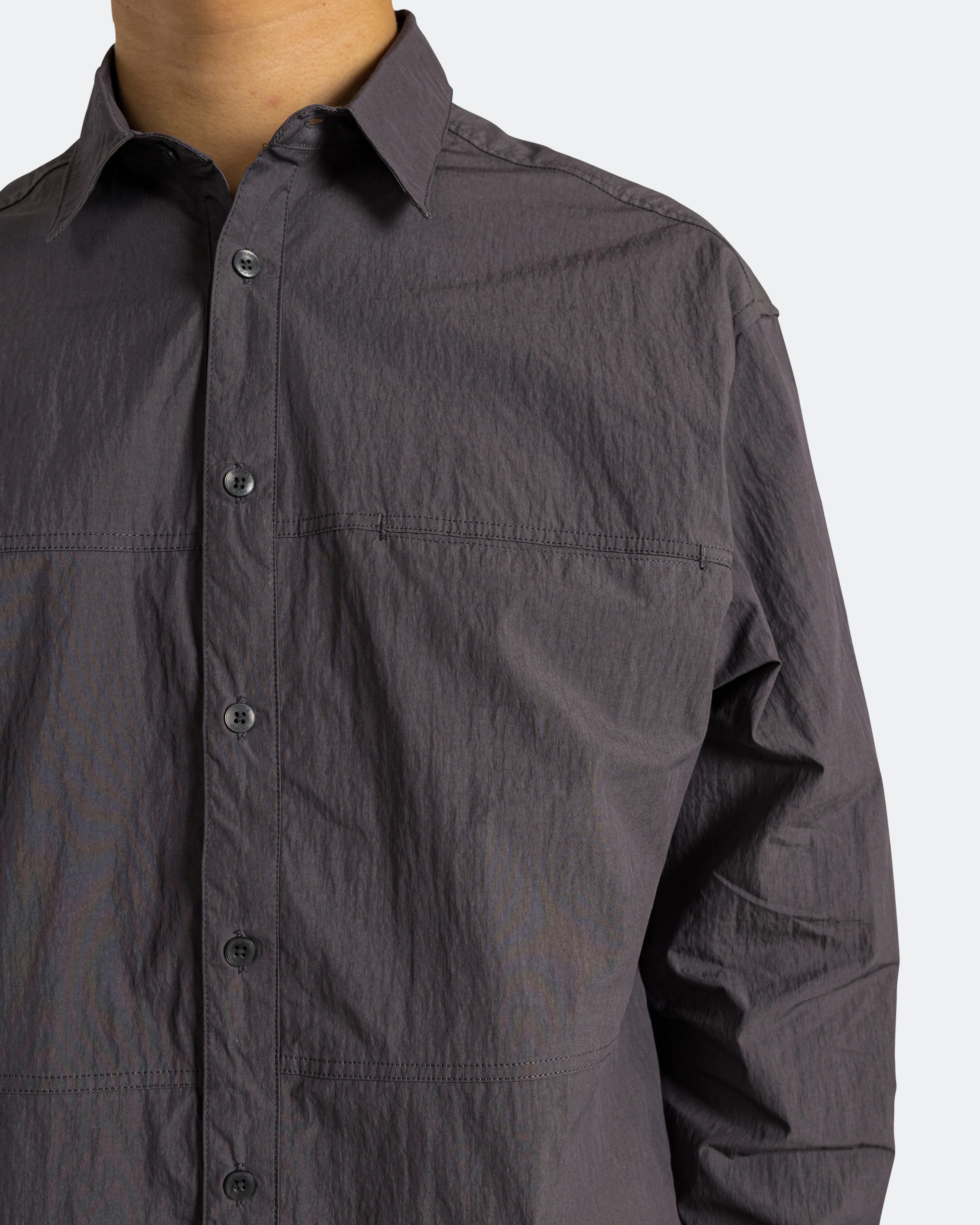 Crinkle Cotton Panel Shirt - Charcoal - Image 5
