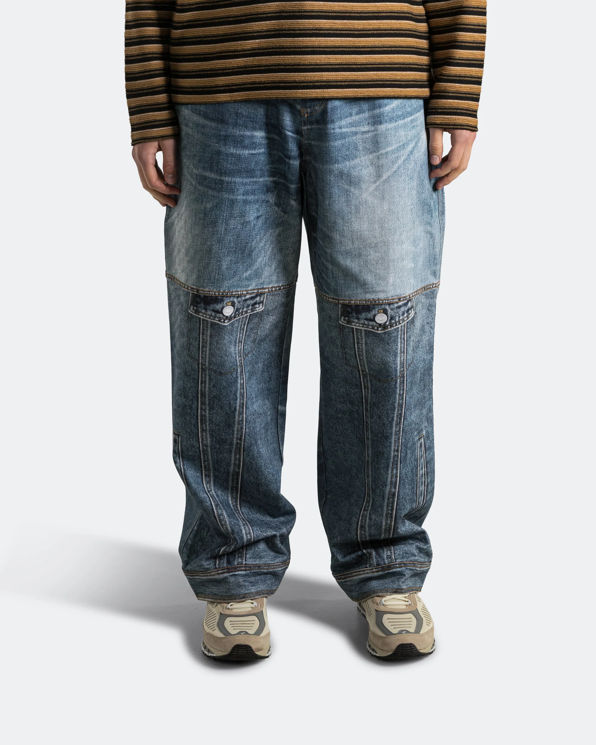 Custom-Like Printed Denim Pants - Mid Blue - Image 2