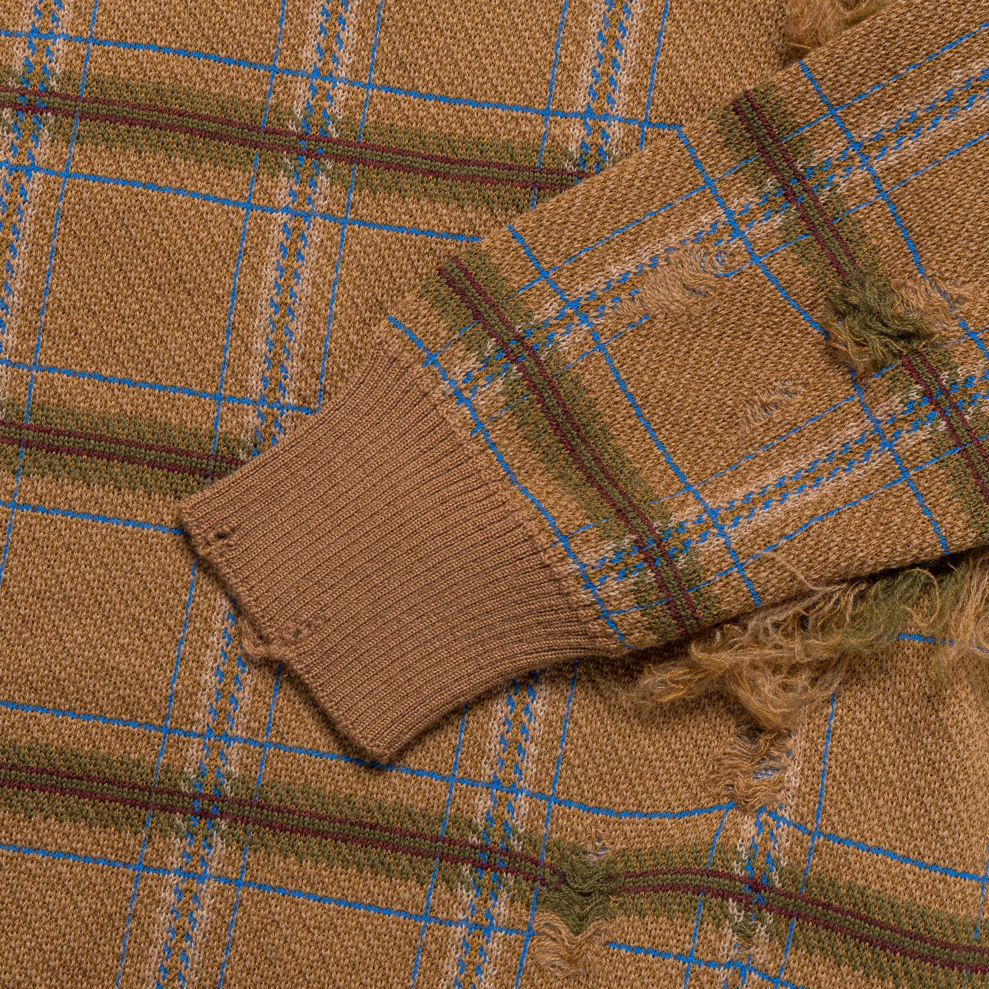 Distressed Check Knit Crew - Camel/Blue - Image 4