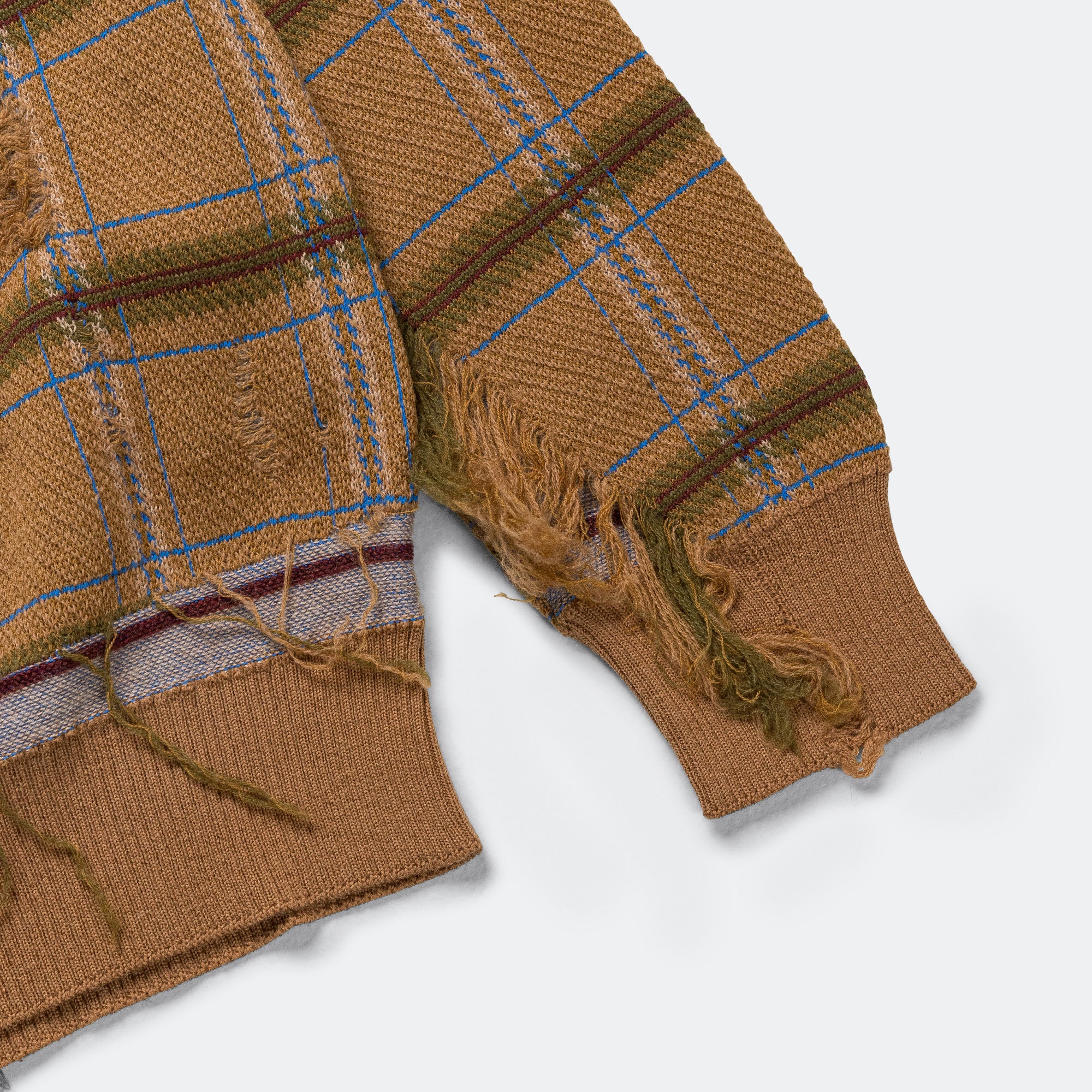 Distressed Check Knit Crew - Camel/Blue - Image 6