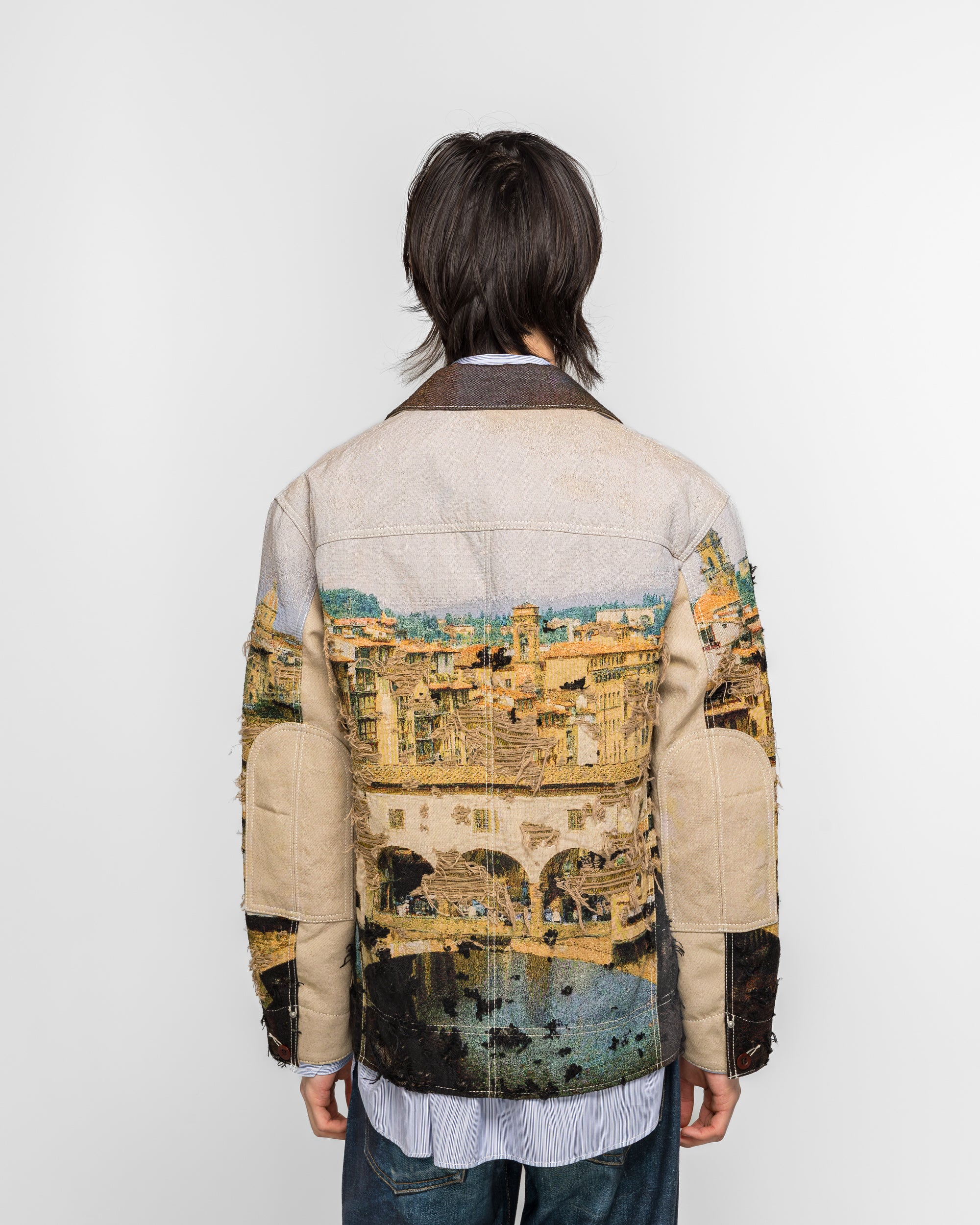 Gobelin Weave Button Up Blouson - Beige/Light Blue - Image 4
