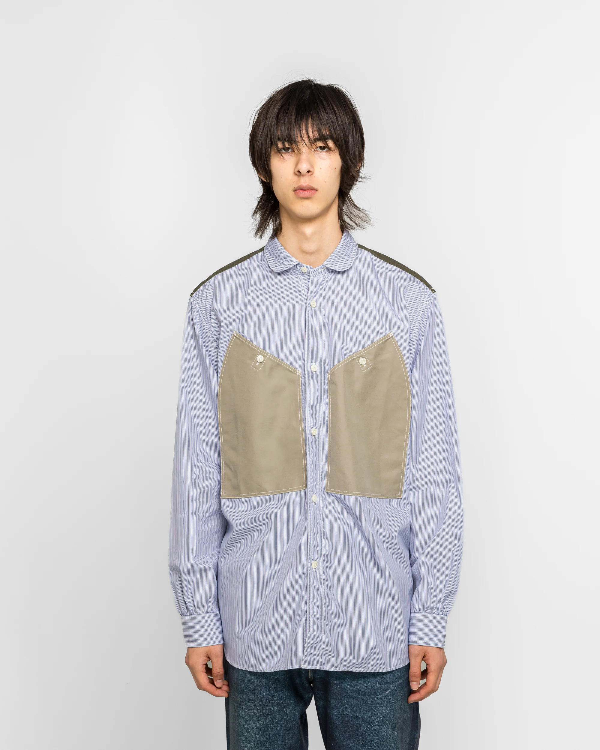 Stitch Detail Work Shirt - White/Blue-Grey - Image 2