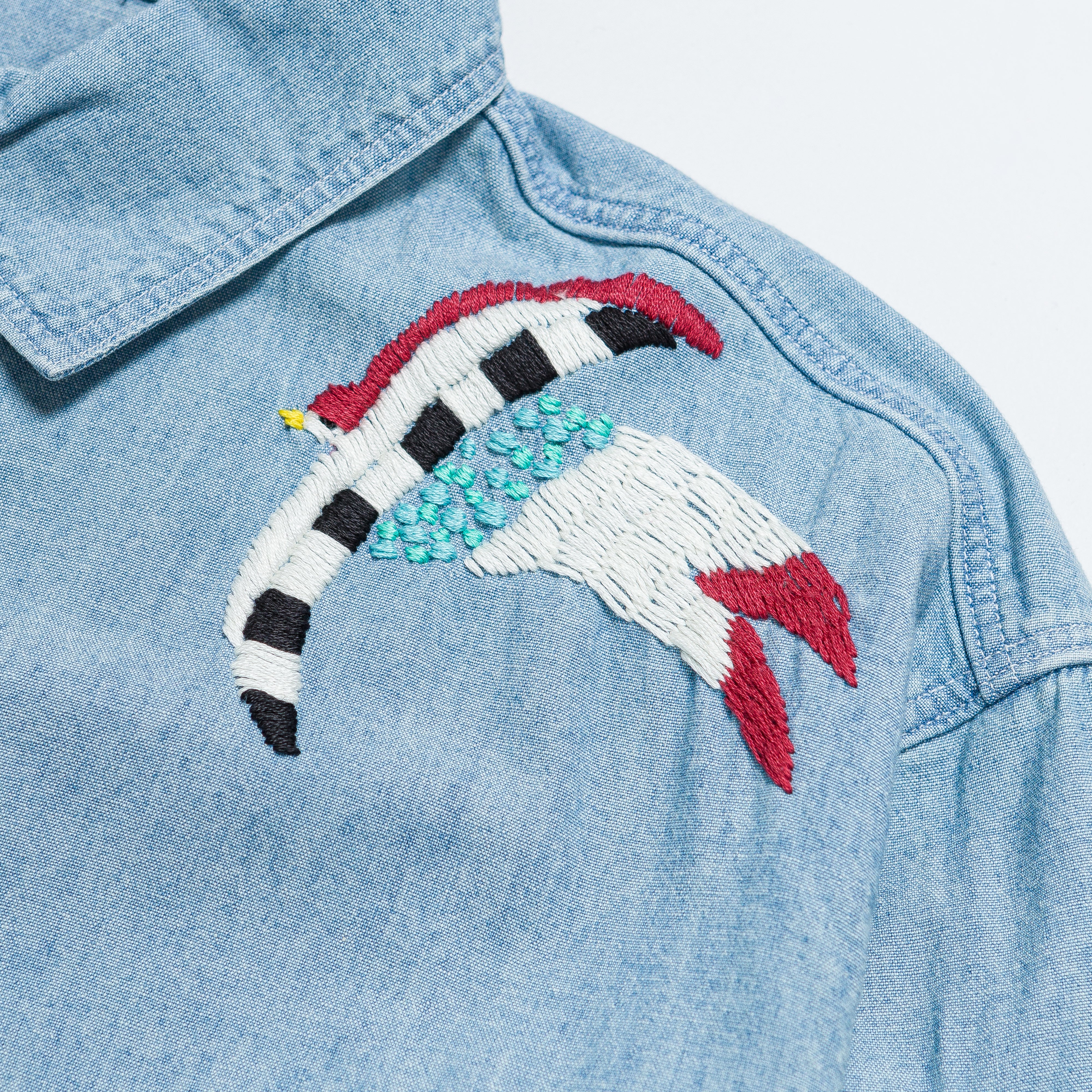 Chambray WORK Shirt (Swallow Embroidery) - Sax - Image 3