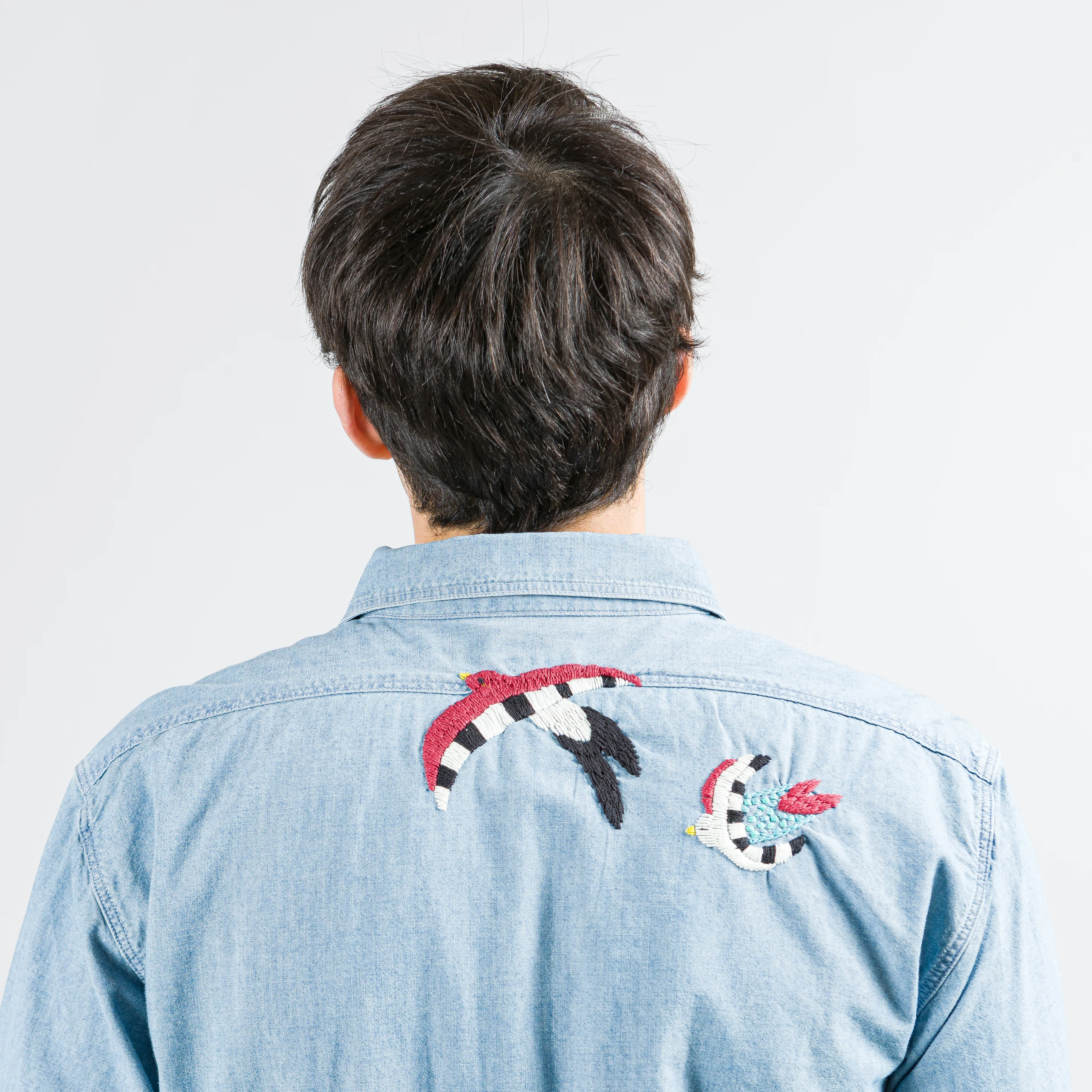 Chambray WORK Shirt (Swallow Embroidery) - Sax - Image 9