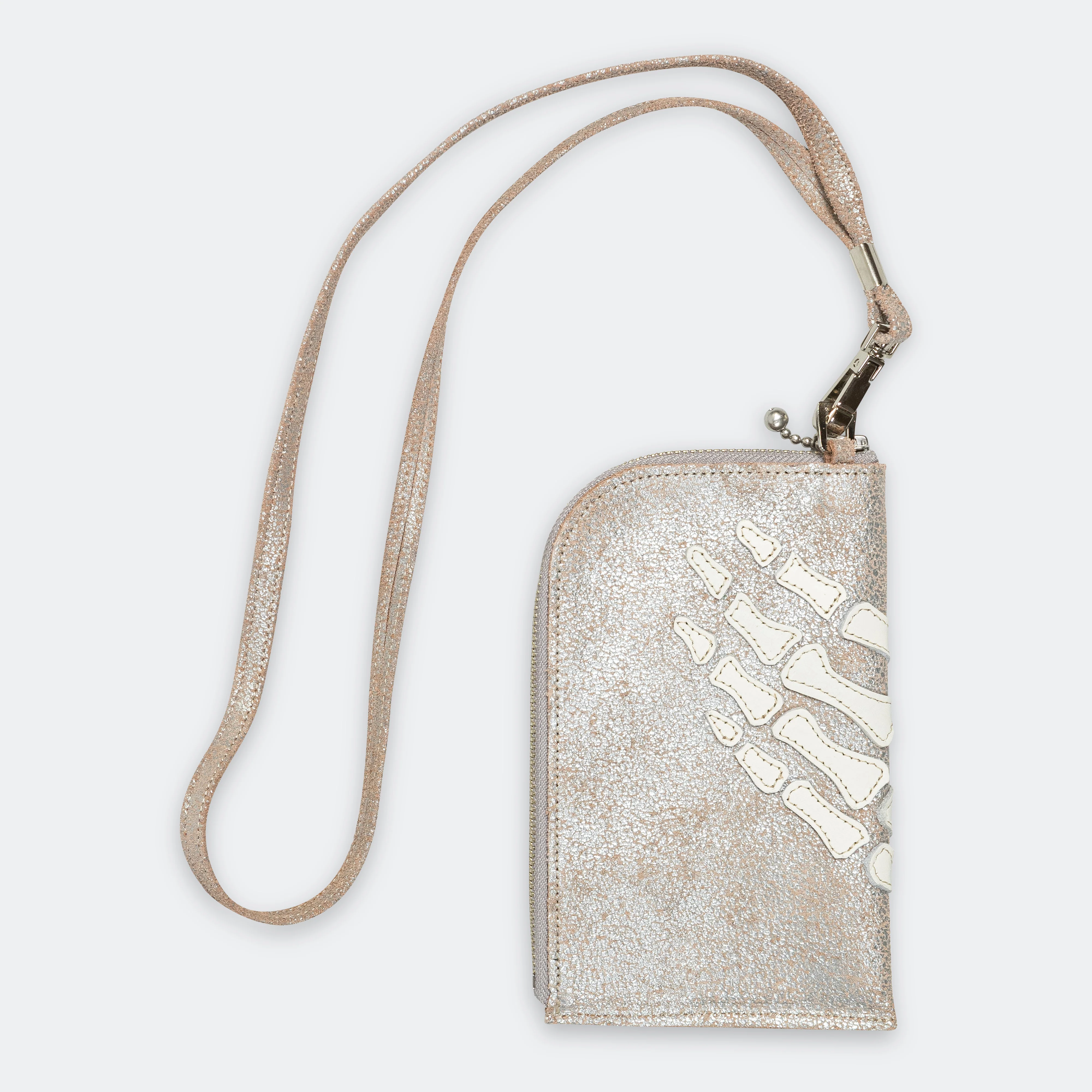 Crack Leather THUMBS-UP BONE HAND ZIP Neck Pouch - Silver - Image 3