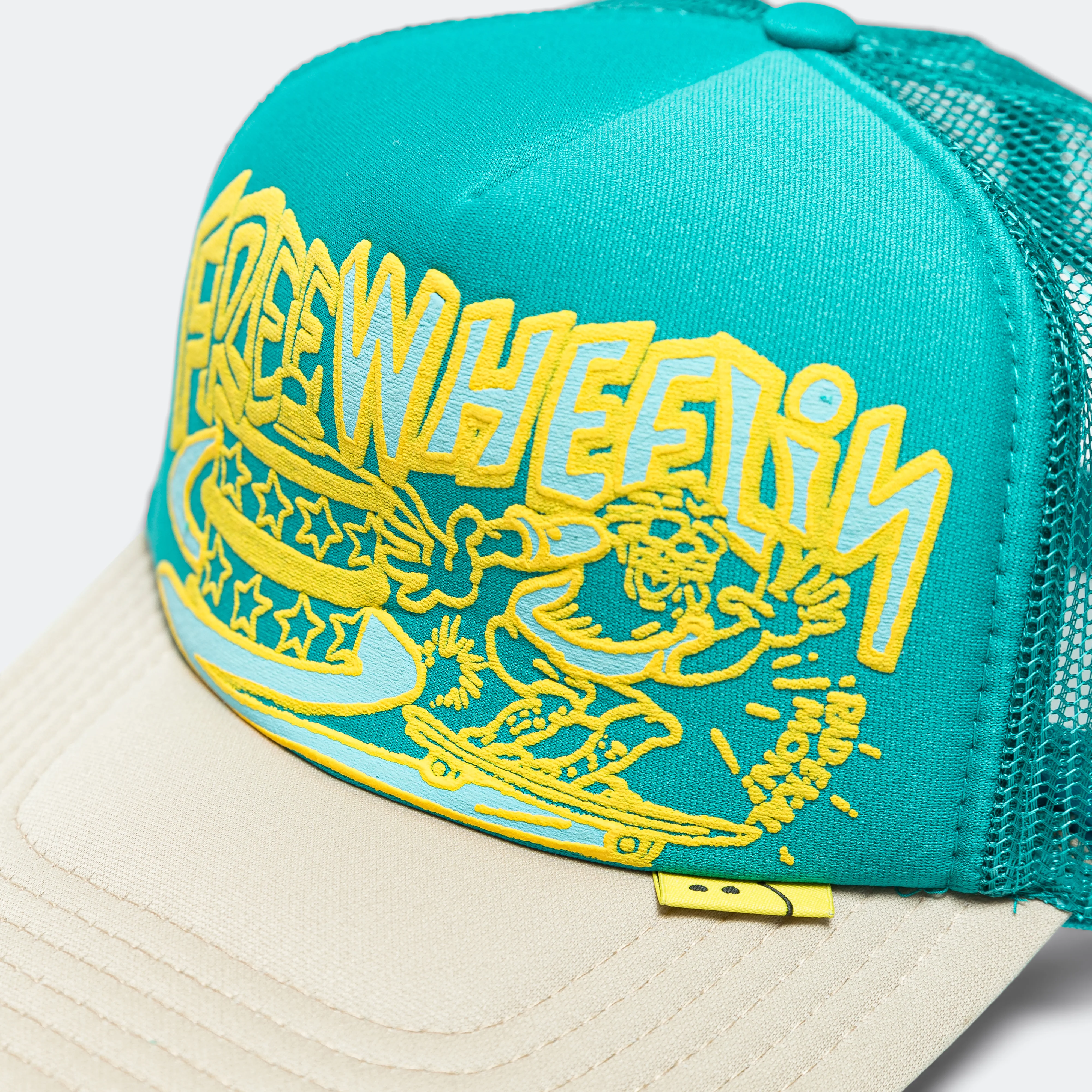 FREE WHEELIN' Trucker Cap - Turquoise/Beige - Image 3