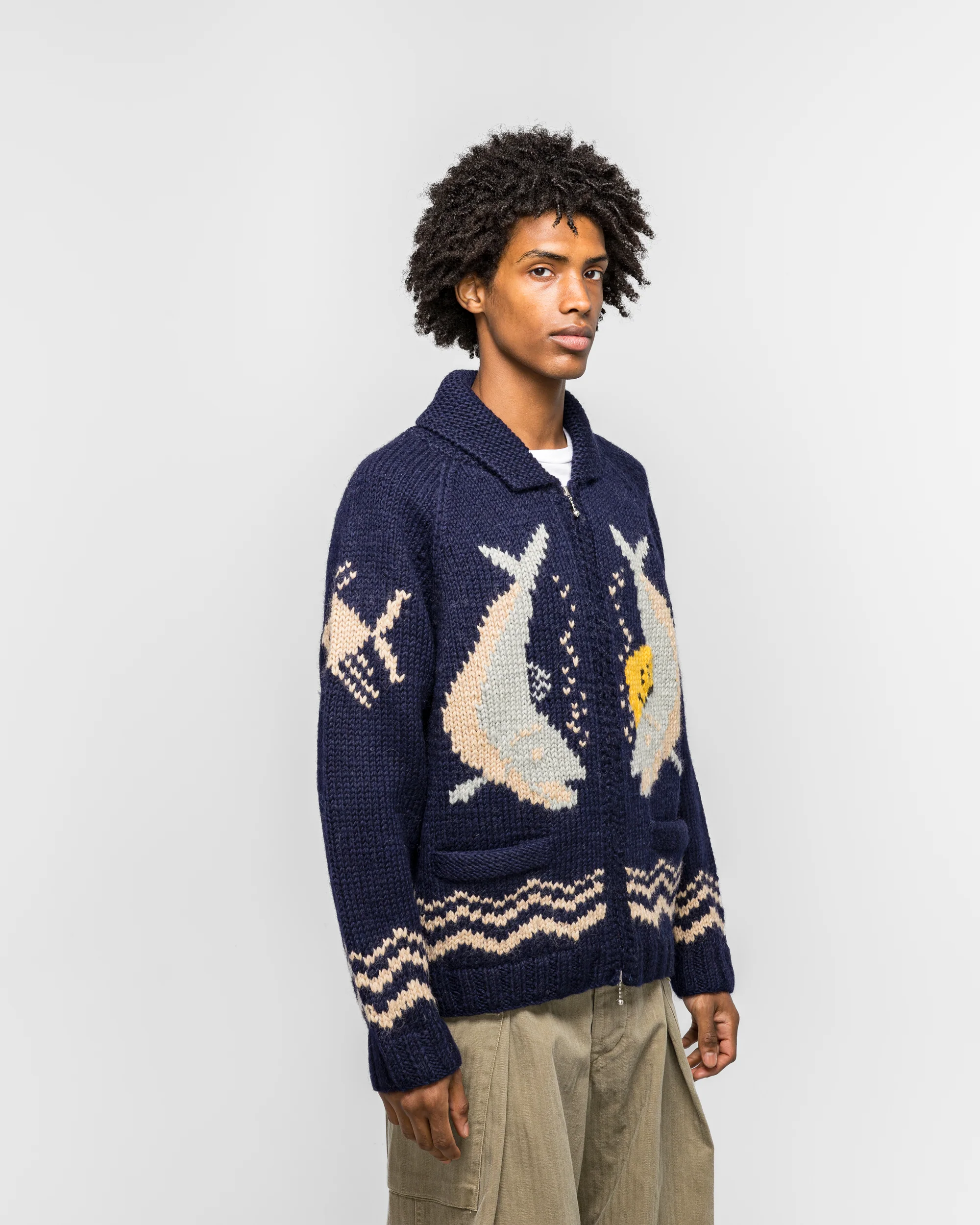 Hand Knit PECKISH TROUT ZIP Cardigan - Navy - Image 3