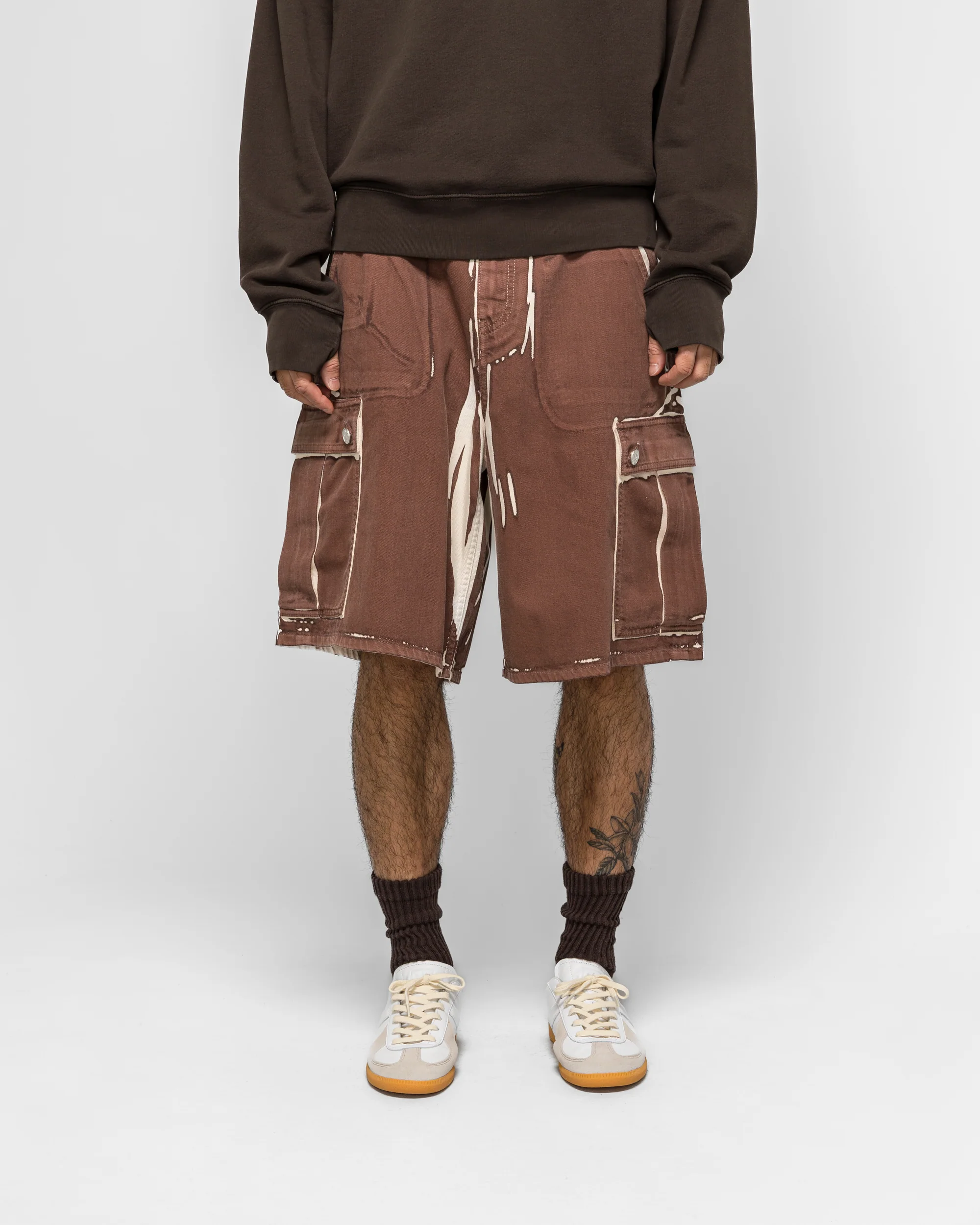 Brown Screenprinted Denim Cargo Shorts - Tobacco - Image 2