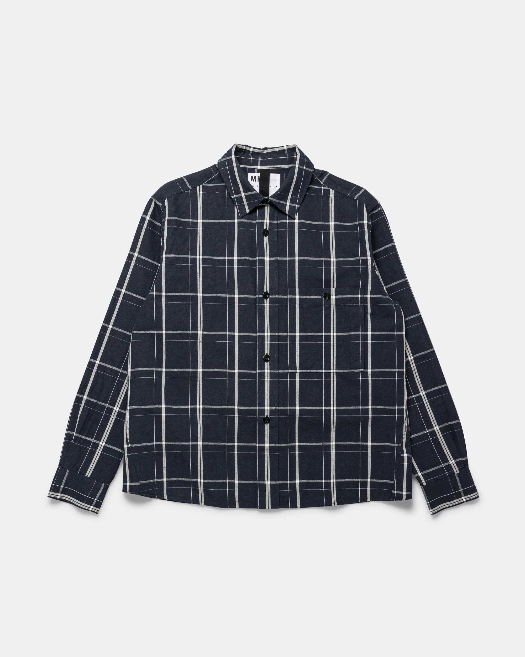 Overall Shirt - Blue/Off White Graphic Check Cotton Linen Slate