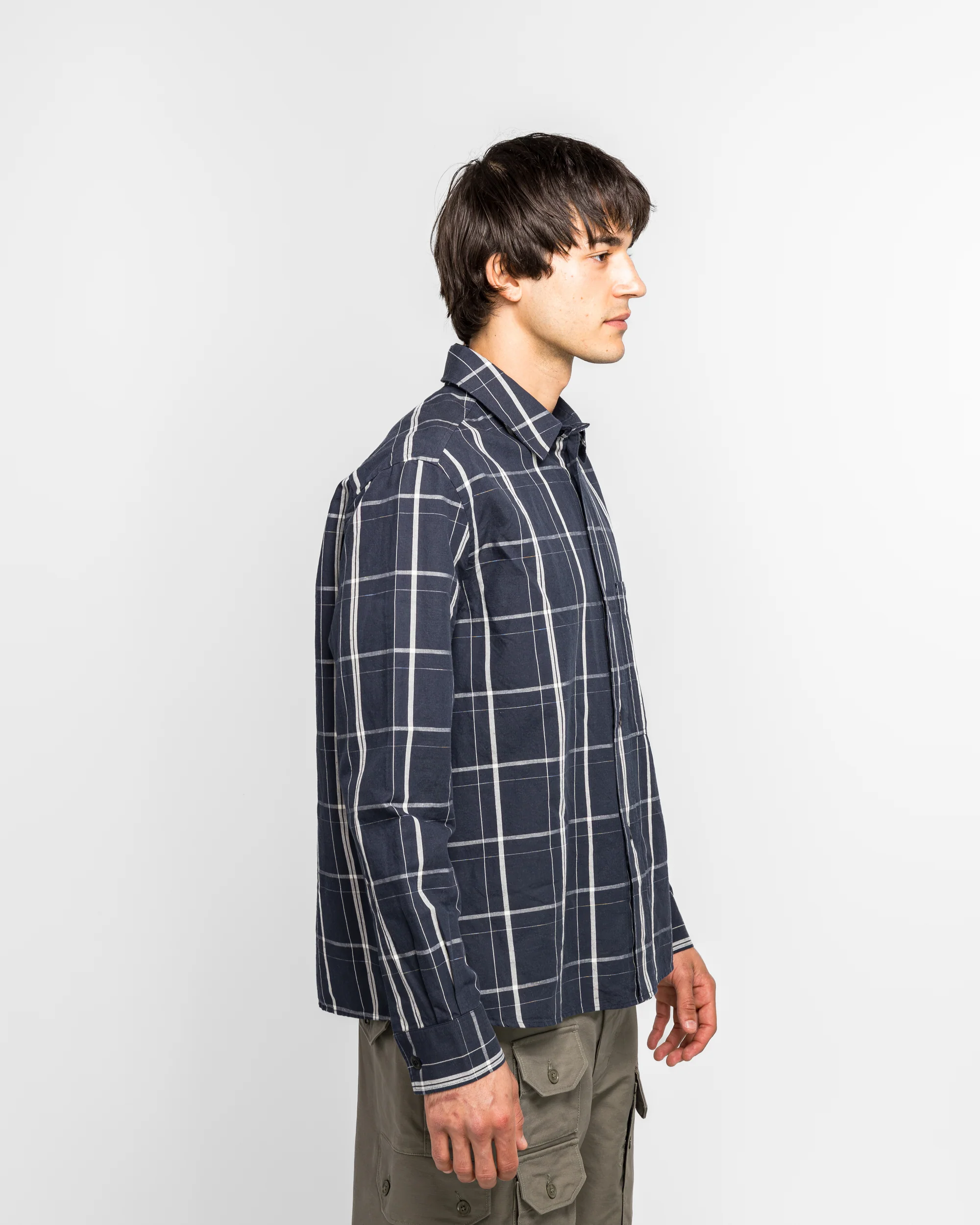 Overall Shirt - Blue/Off White Graphic Check Cotton Linen Slate - Image 3