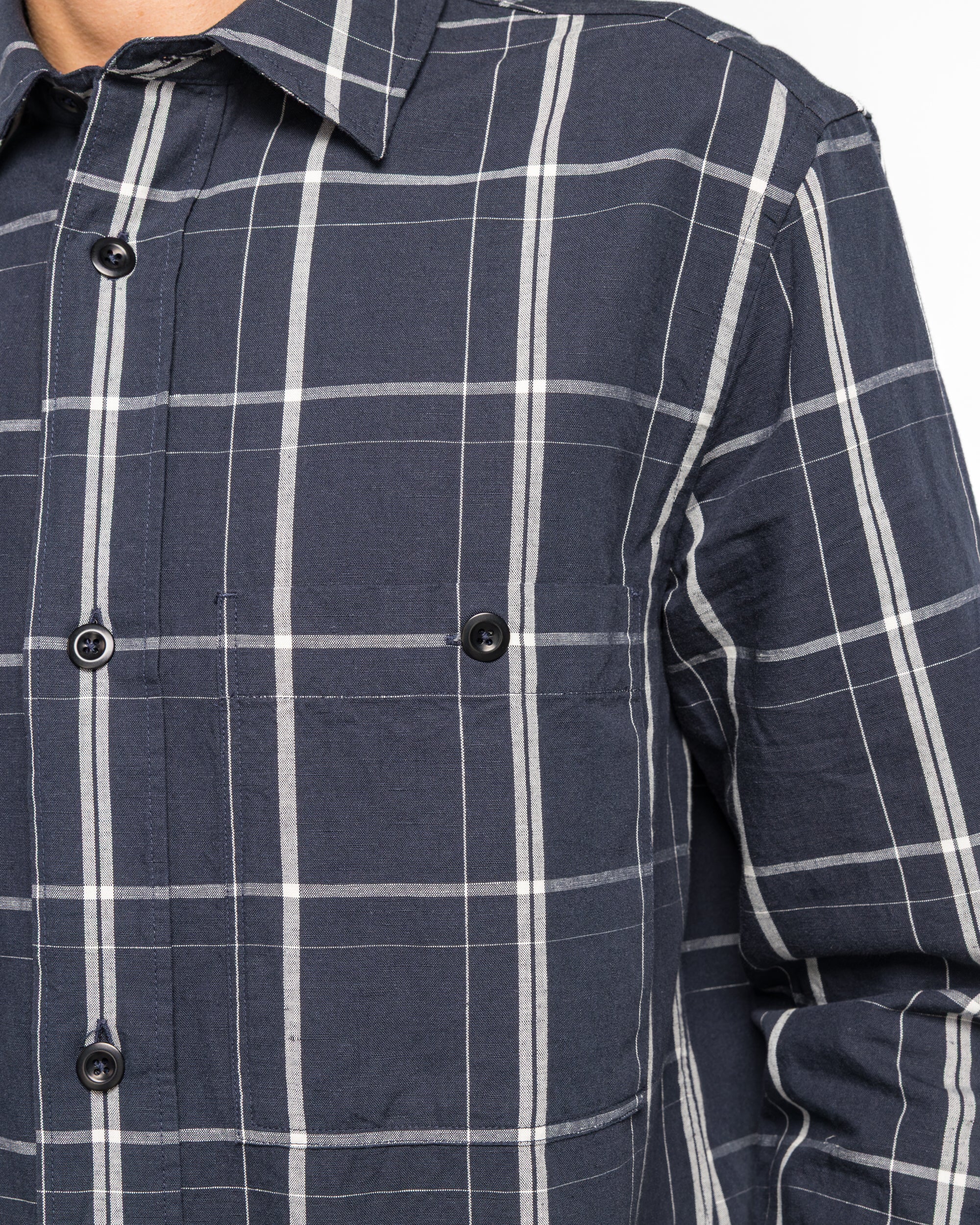 Overall Shirt - Blue/Off White Graphic Check Cotton Linen Slate - Image 5