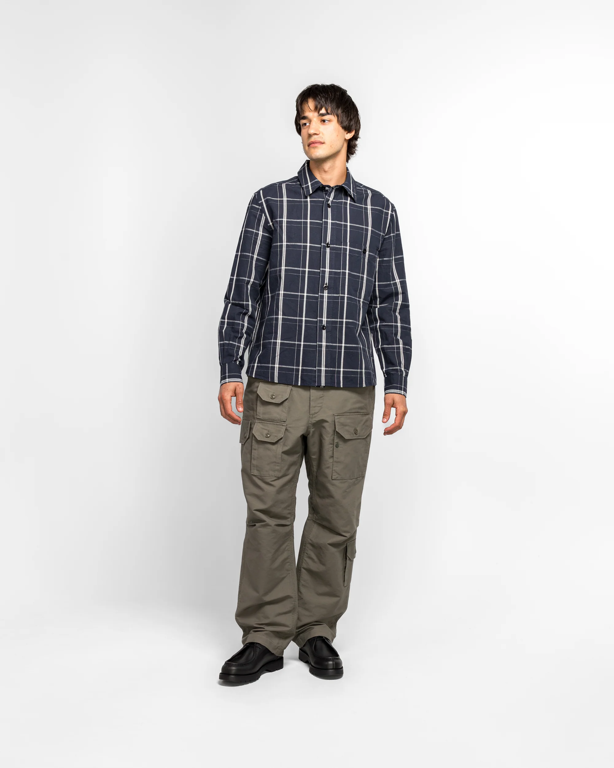 Overall Shirt - Blue/Off White Graphic Check Cotton Linen Slate - Image 6