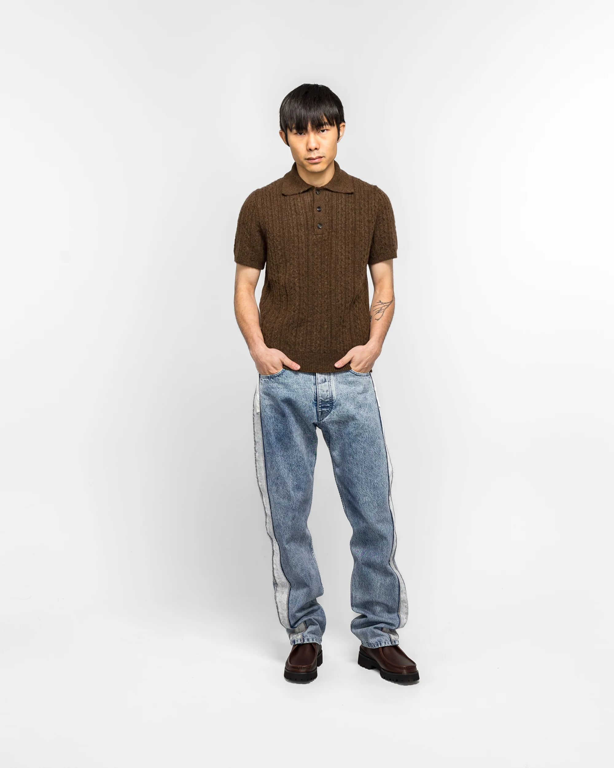 Cable 7G Knit Polo Shirt - Brown - Image 5