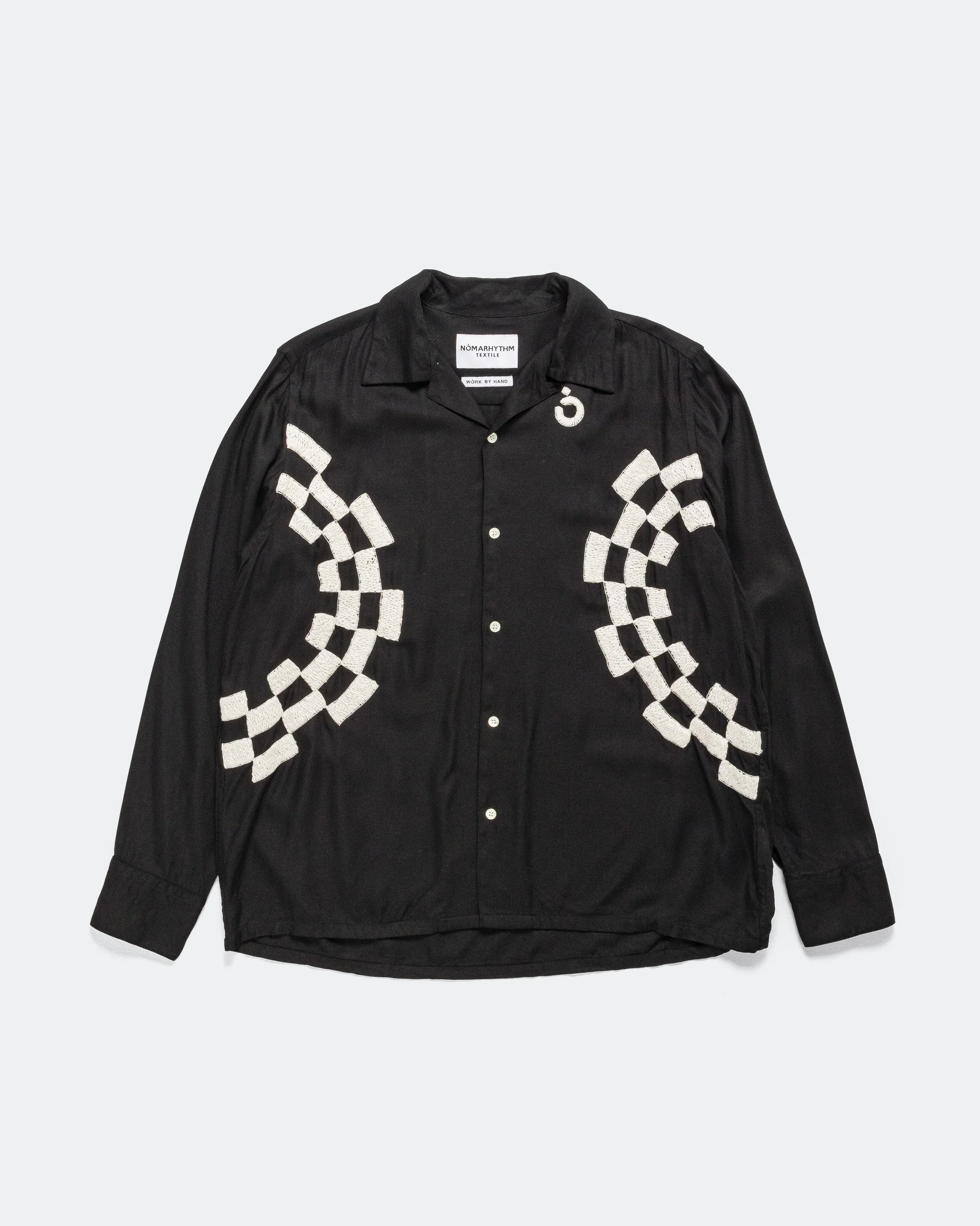 Checker Embroidery Open Collar Shirt - Black