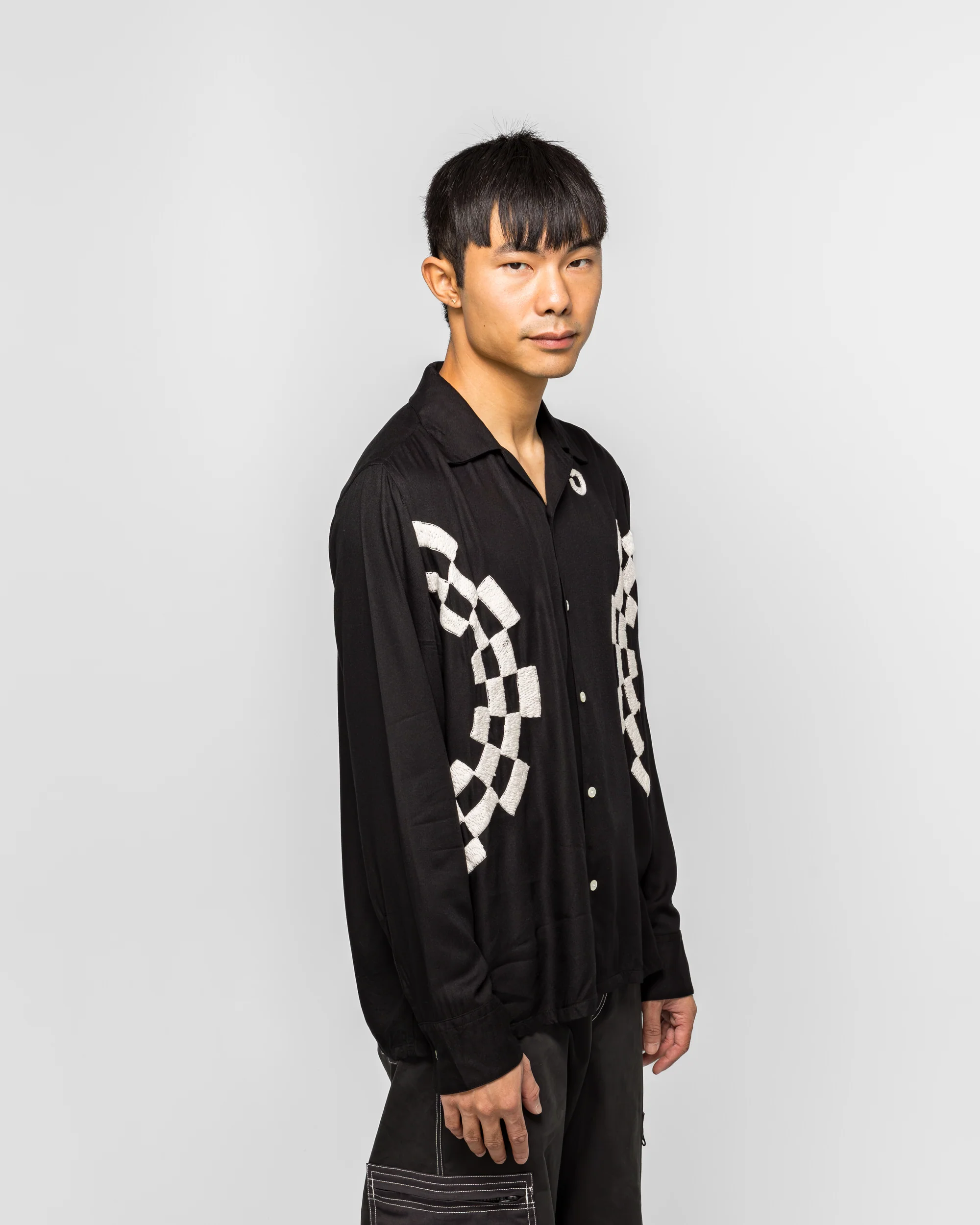 Checker Embroidery Open Collar Shirt - Black - Image 3