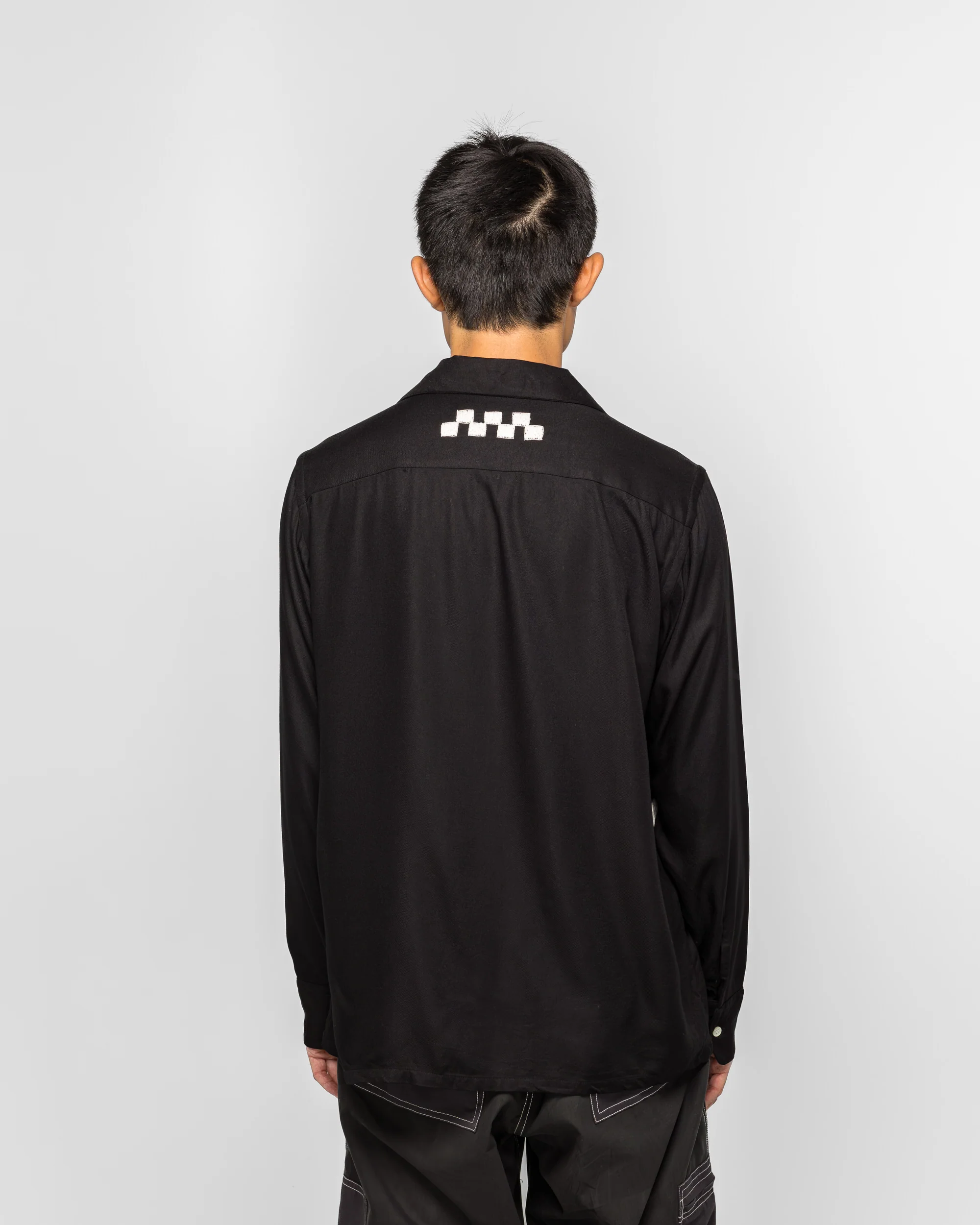 Checker Embroidery Open Collar Shirt - Black - Image 4