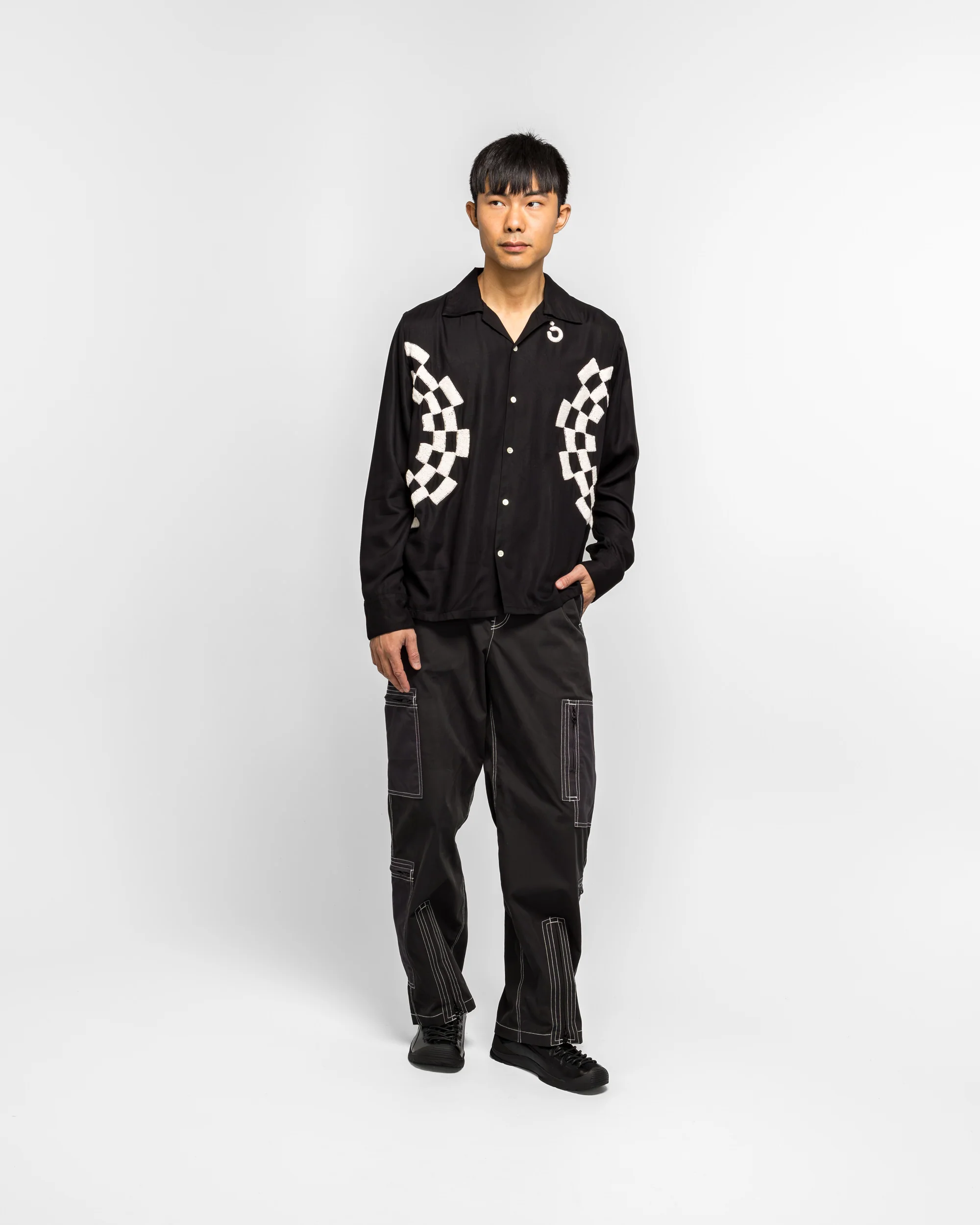 Checker Embroidery Open Collar Shirt - Black - Image 6
