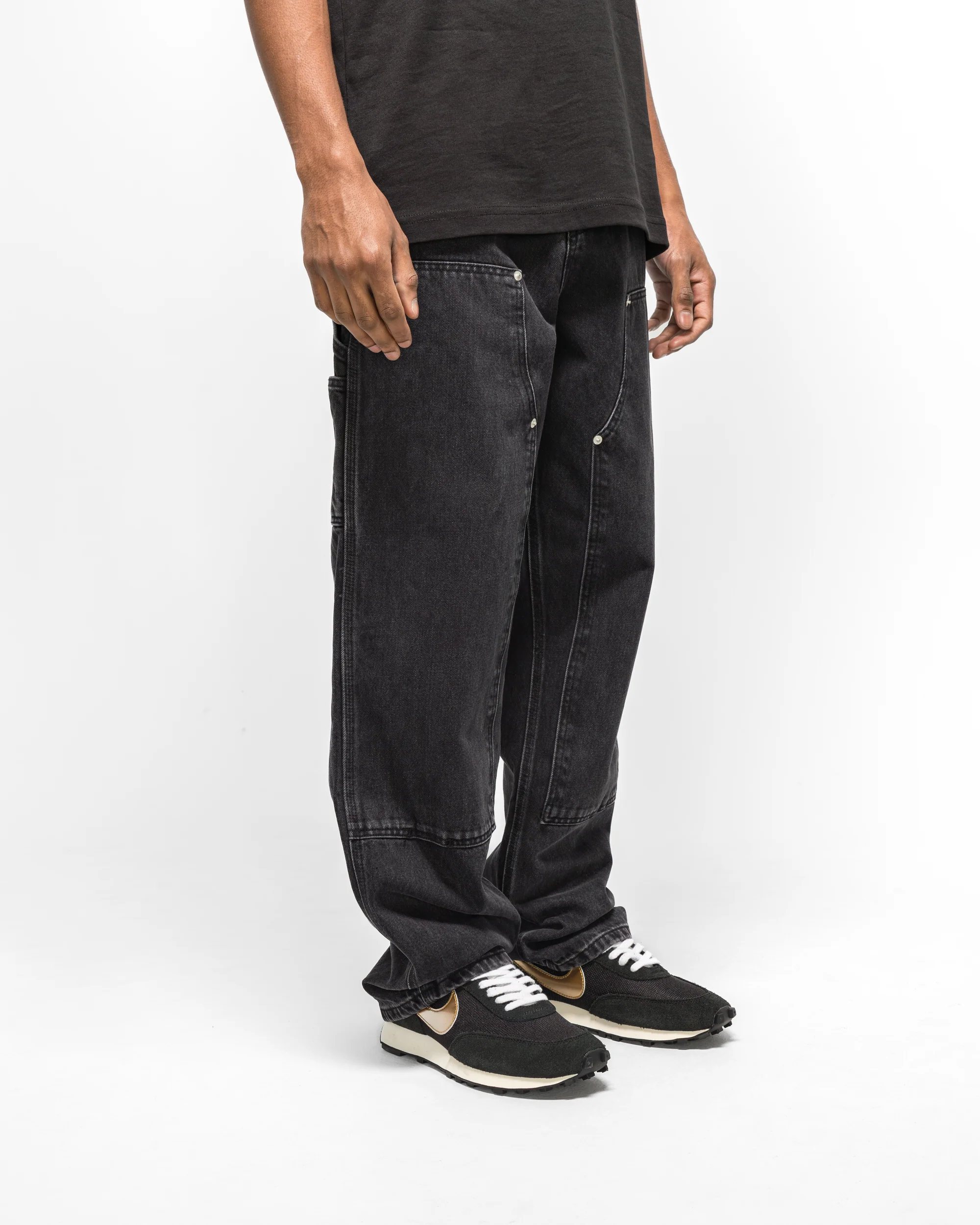 Double Knee Cartoon Denim Pants - Black - Image 3