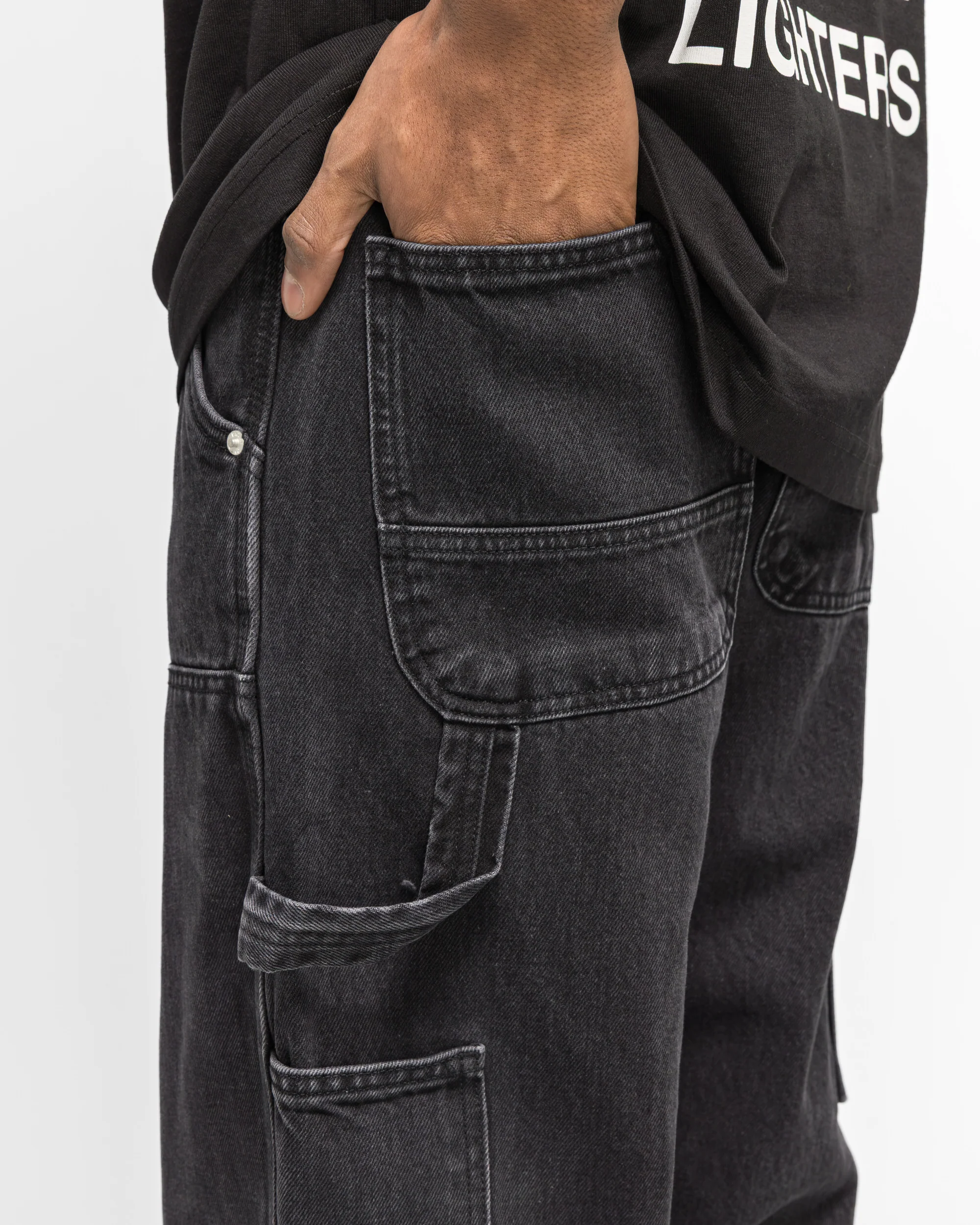 Double Knee Cartoon Denim Pants - Black - Image 5