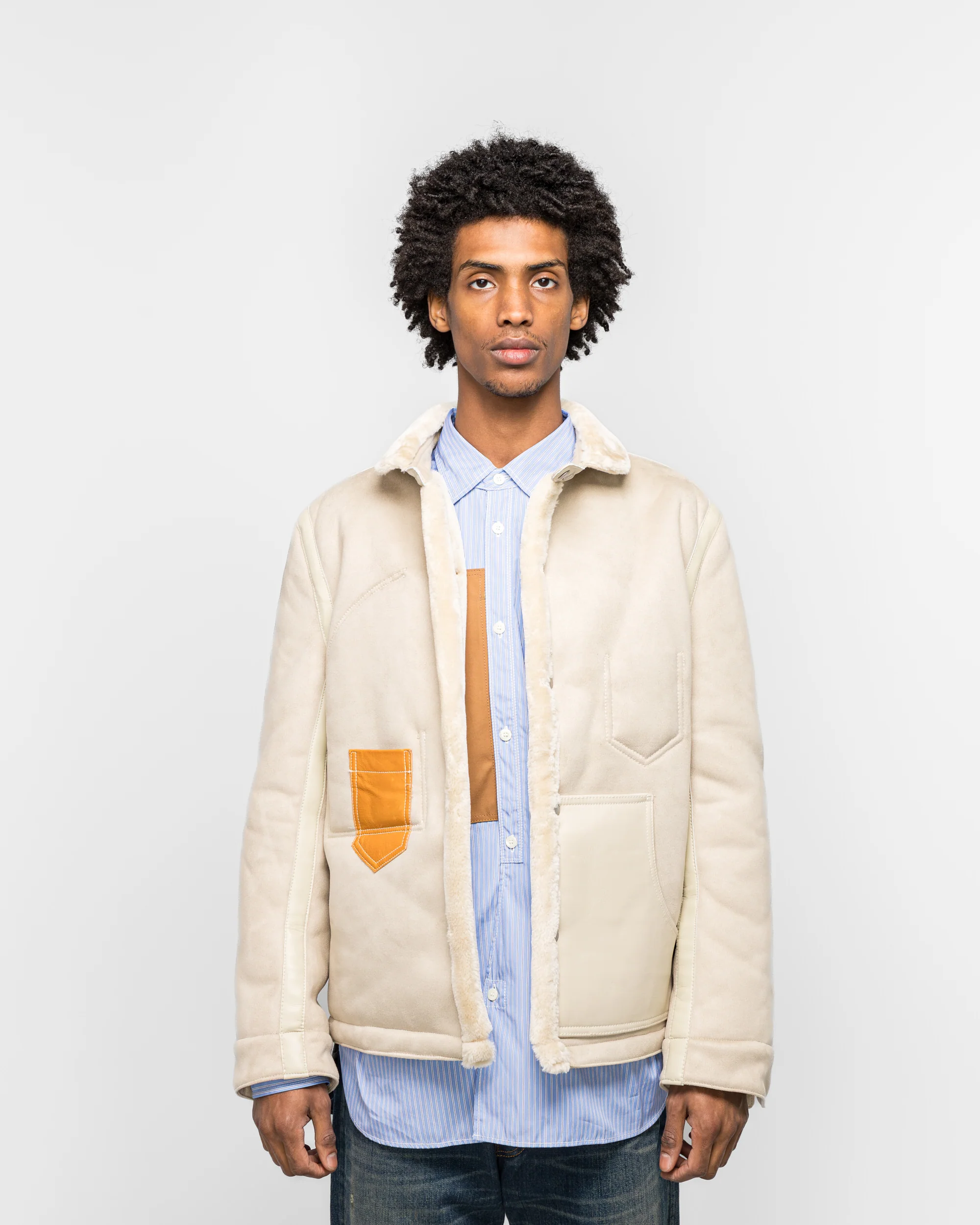 Polyester Boat Mouton Leather Jacket - Beige/Brown - Image 2