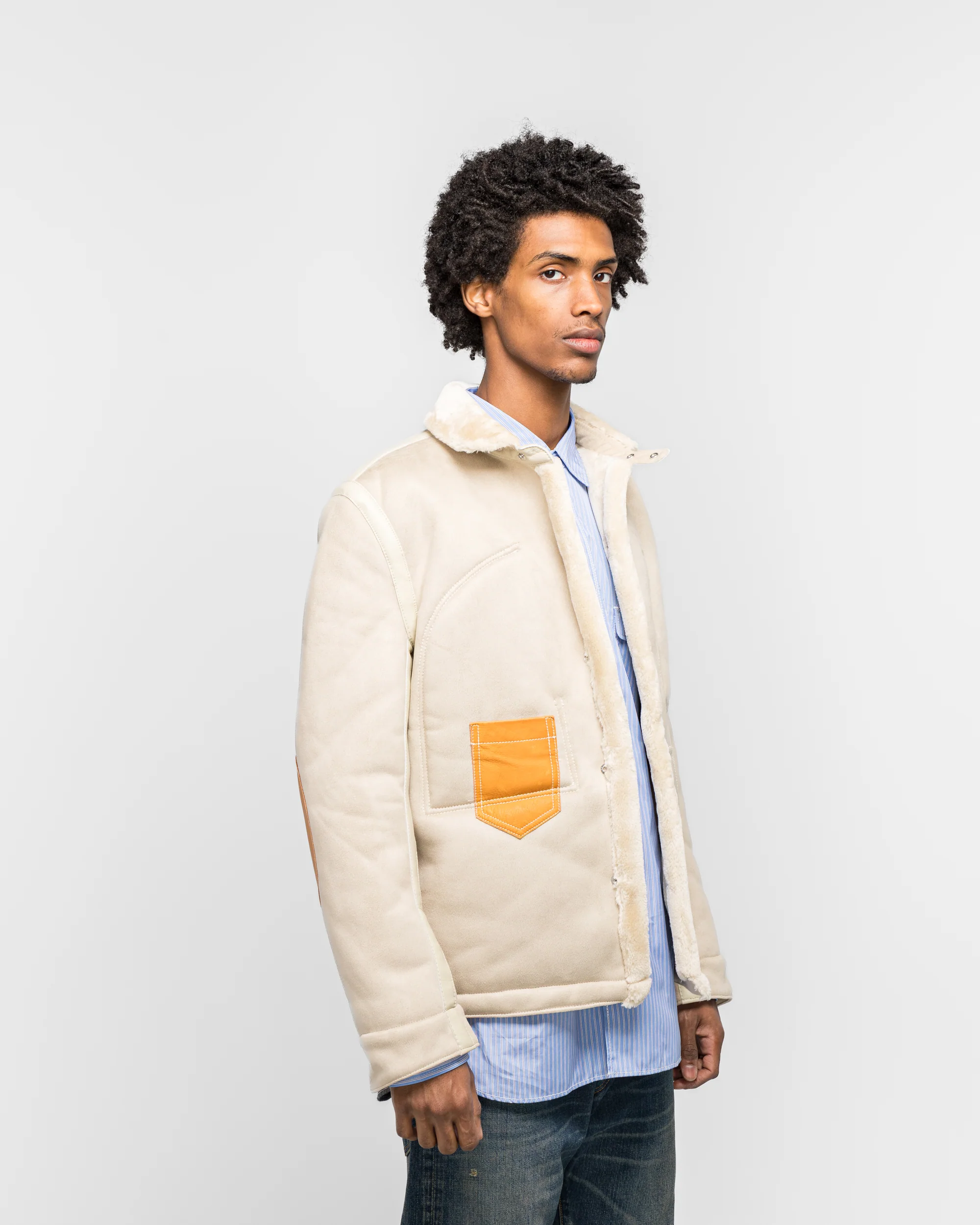 Polyester Boat Mouton Leather Jacket - Beige/Brown - Image 3