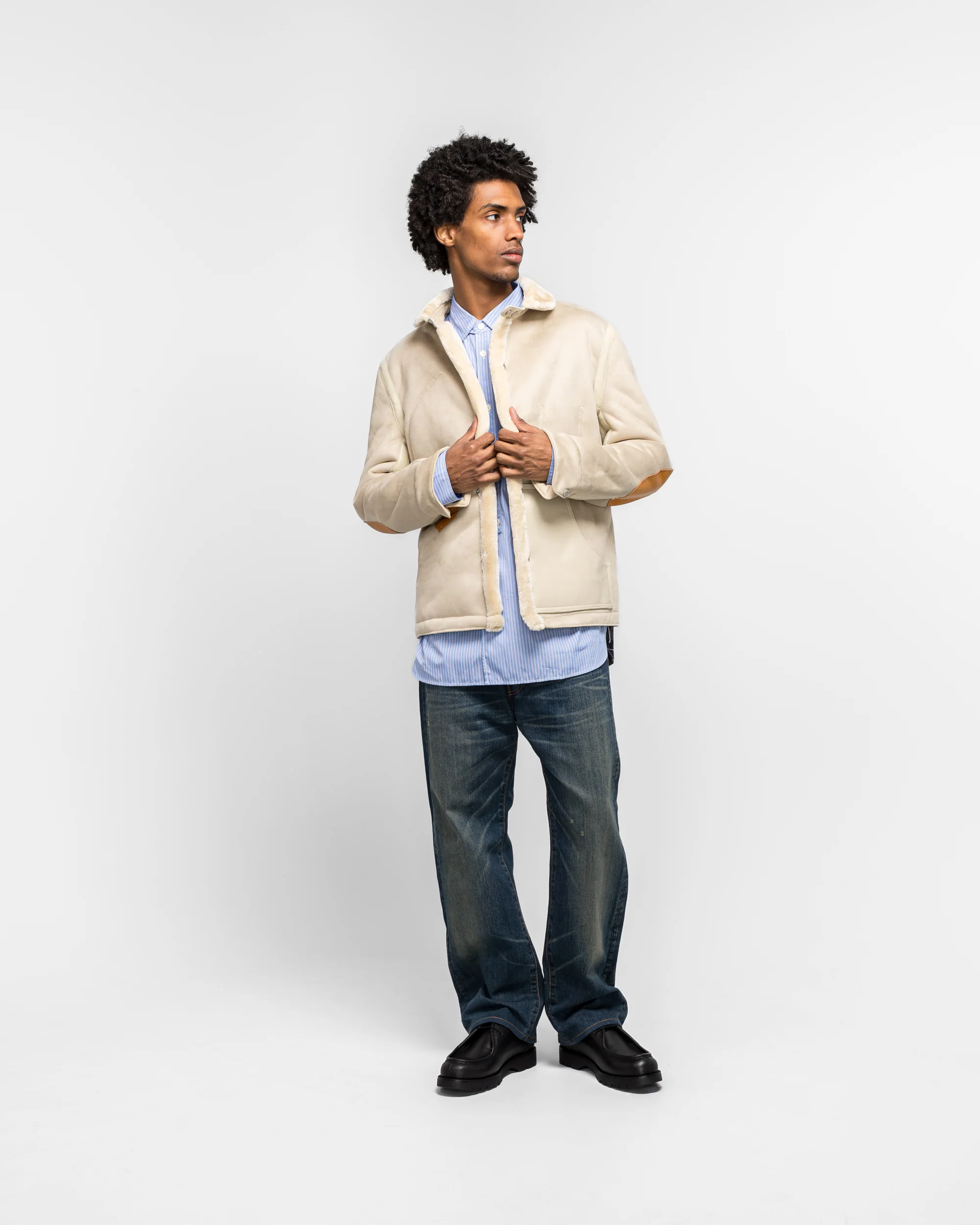 Polyester Boat Mouton Leather Jacket - Beige/Brown - Image 8