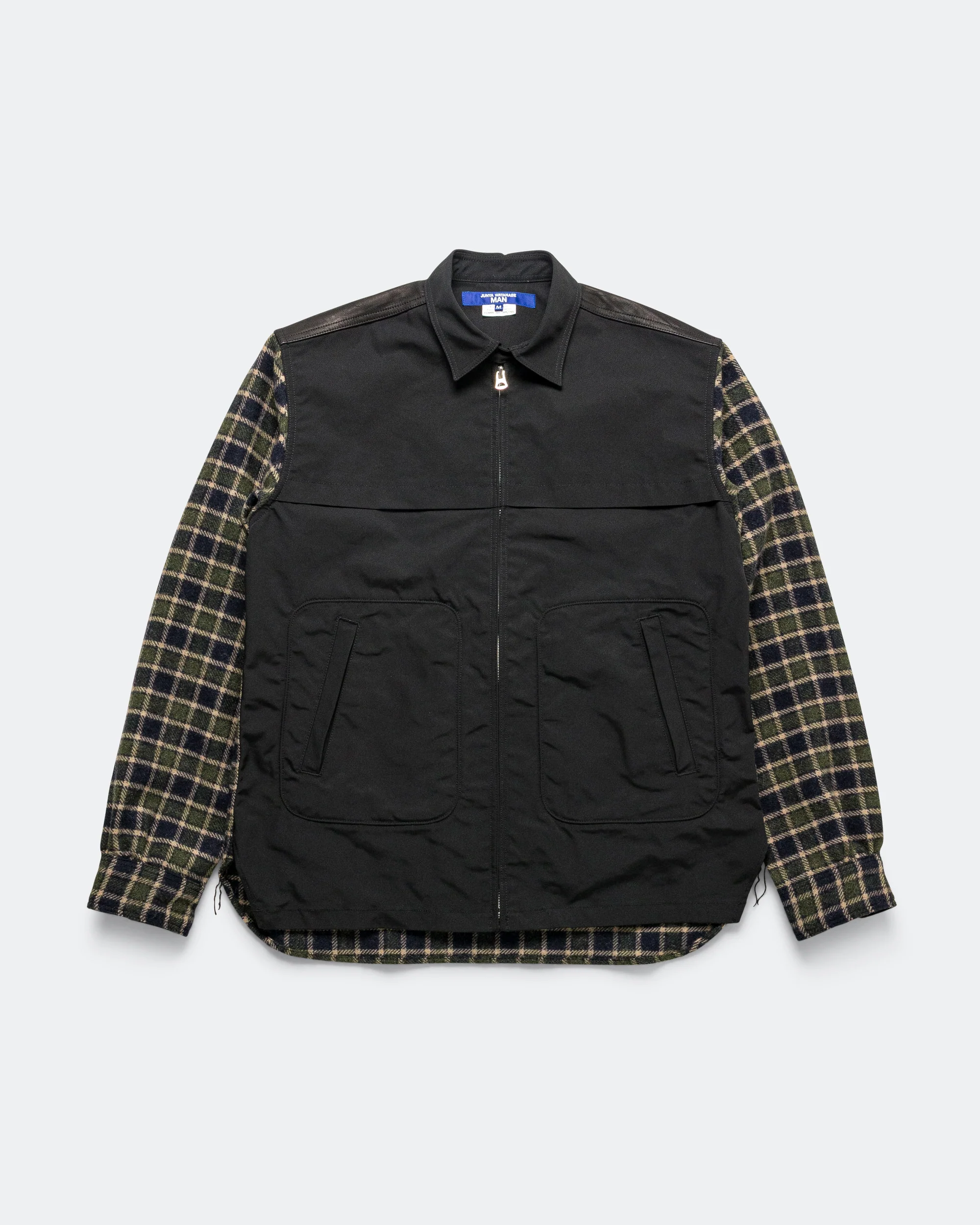 Polyester Oxford Wool Check Leather Shirt - Green/Black
