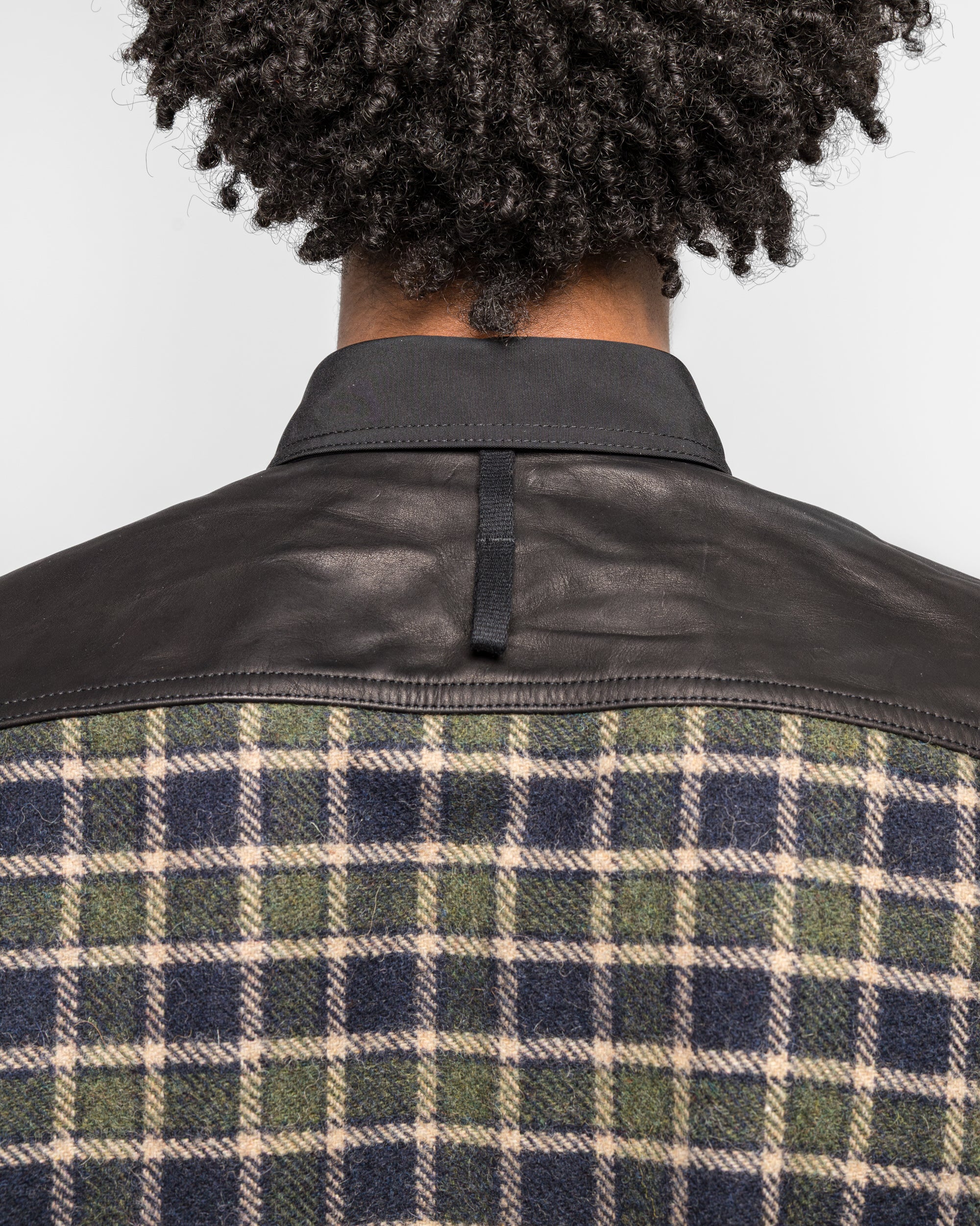 Polyester Oxford Wool Check Leather Shirt - Green/Black - Image 5