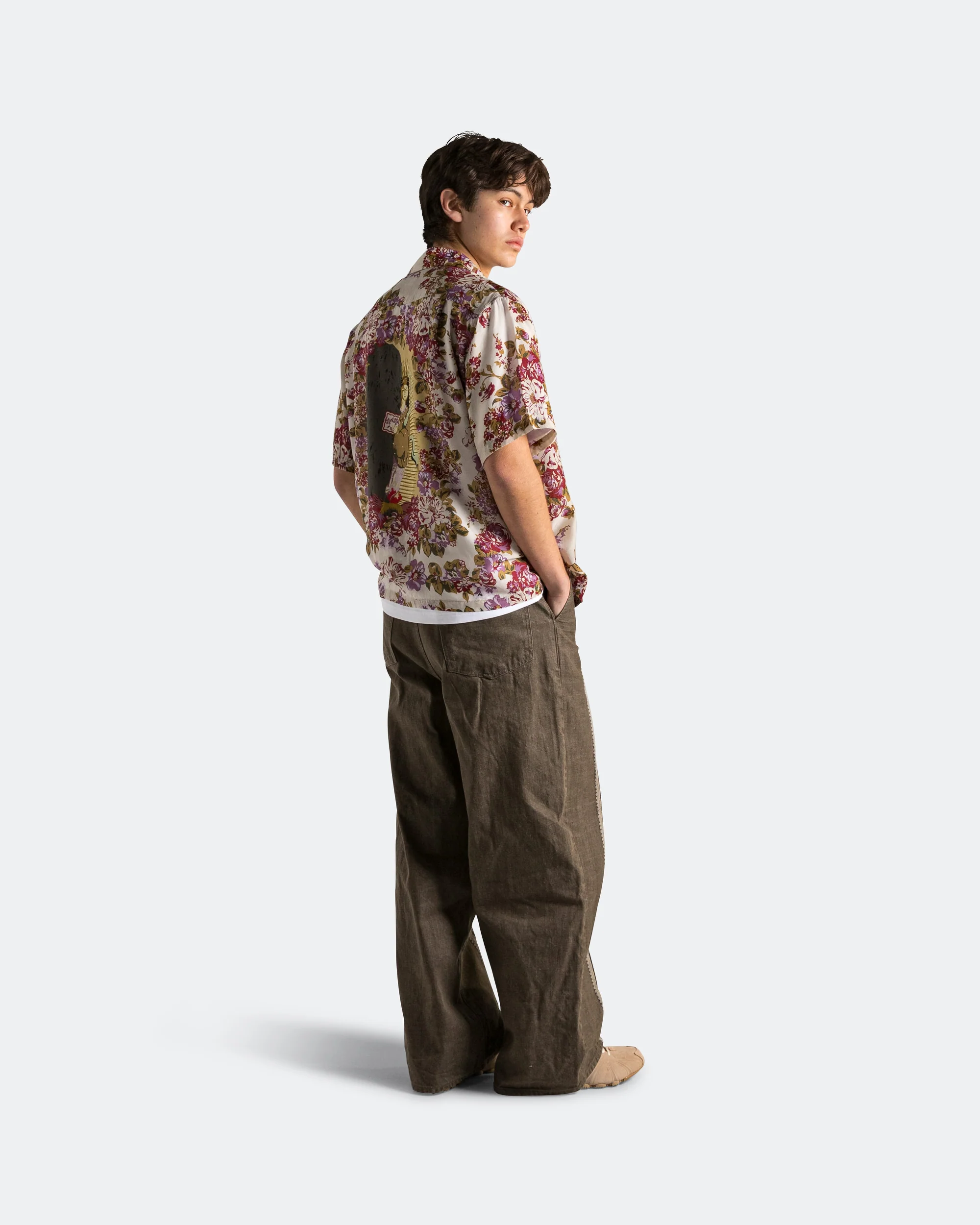 Silk Rayon CHAMPETRE A.MA.TE.RA.SE. WRANGLE Collar Aloha Shirt - Purple/Beige - Image 3