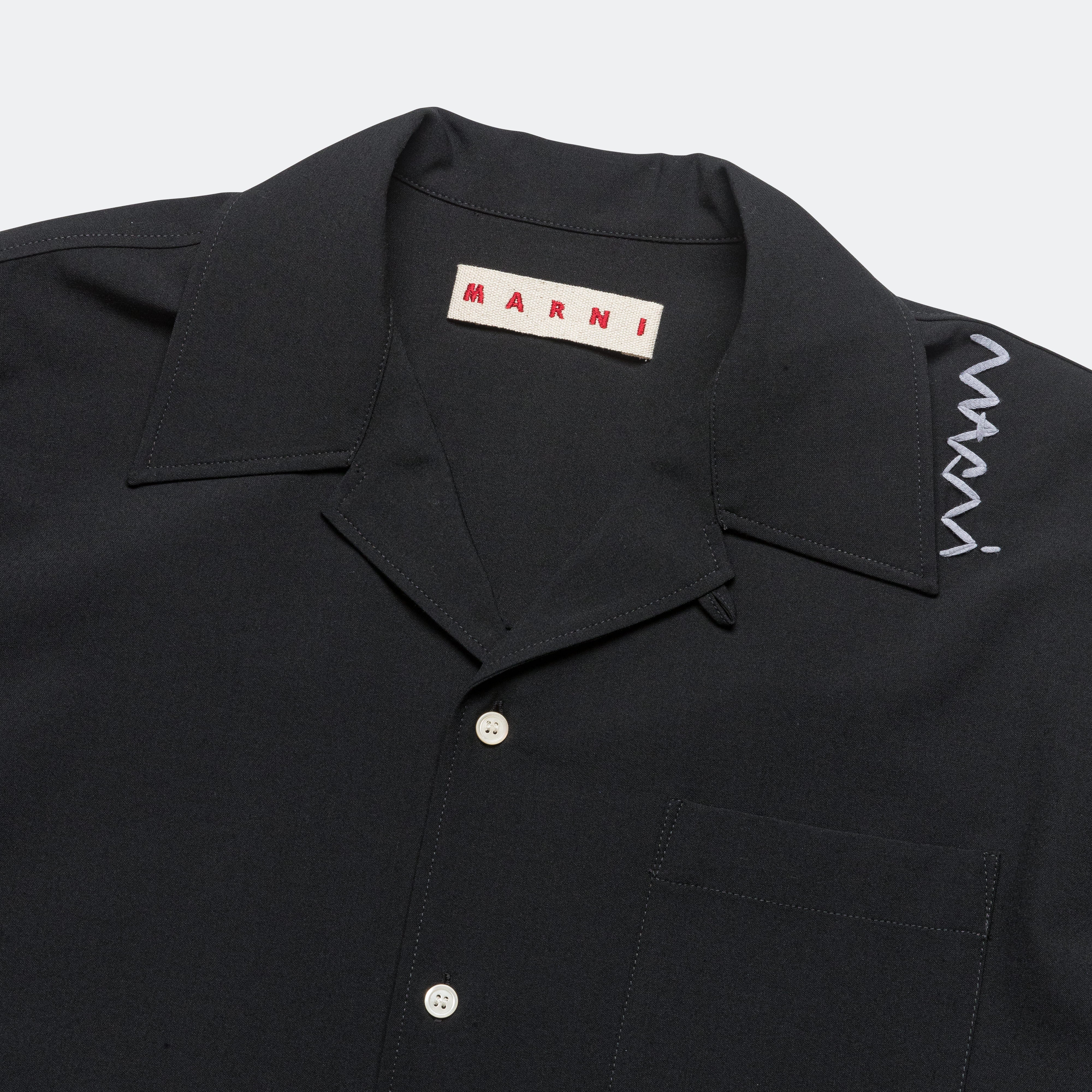 Wool Blend Short Sleeve Bowling Shirt - Black - Image 2