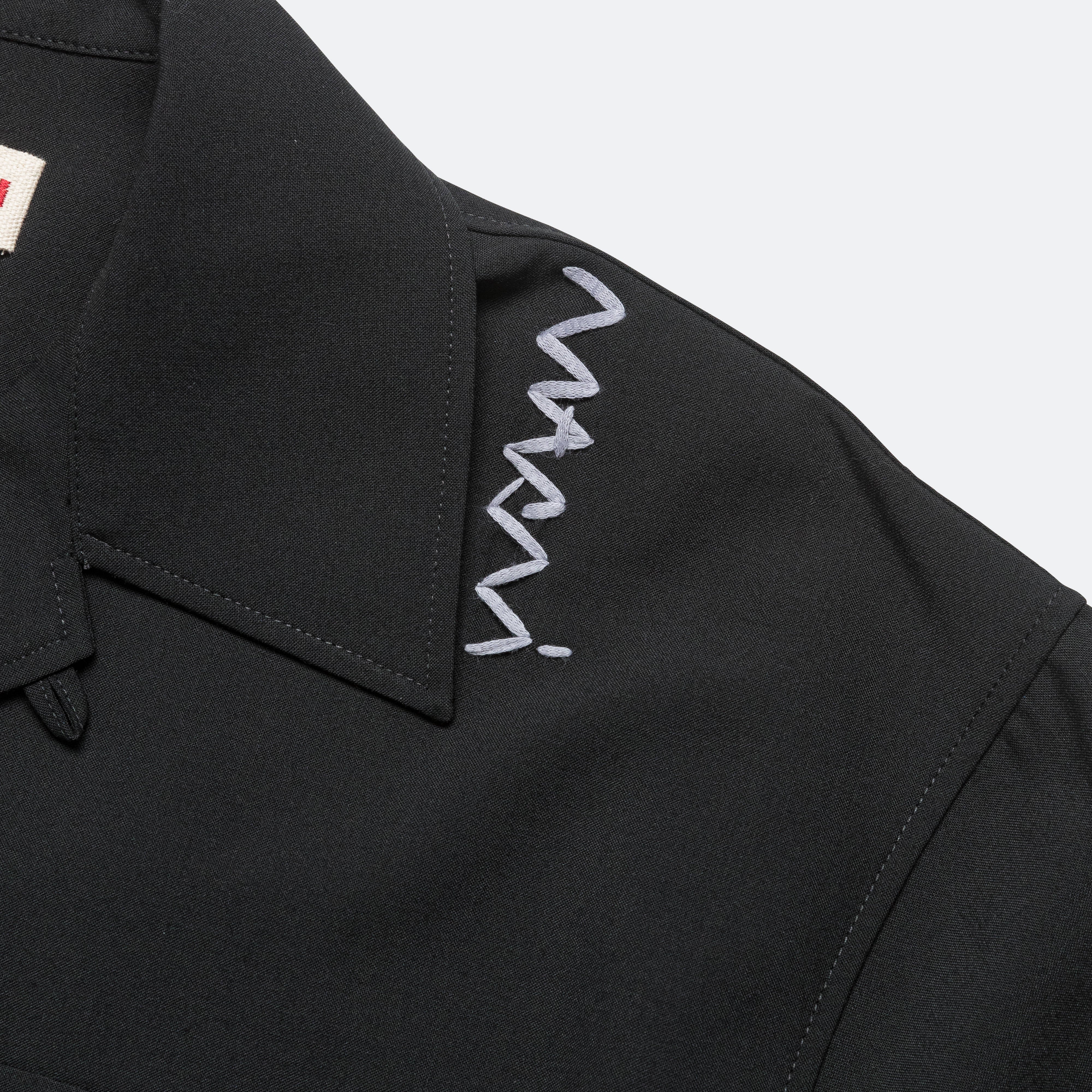 Wool Blend Short Sleeve Bowling Shirt - Black - Image 3