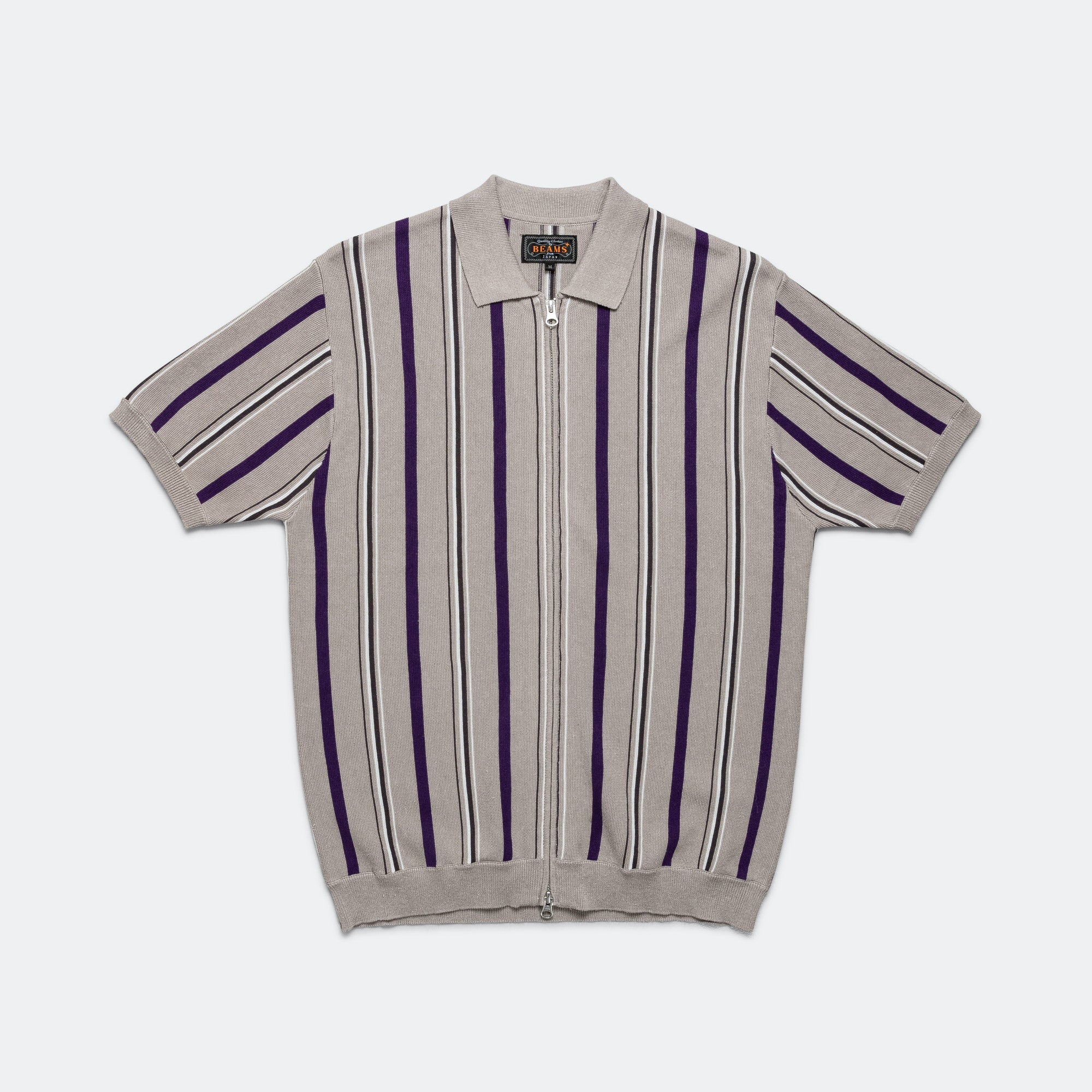Zip Knit Stripe Polo - Light Grey